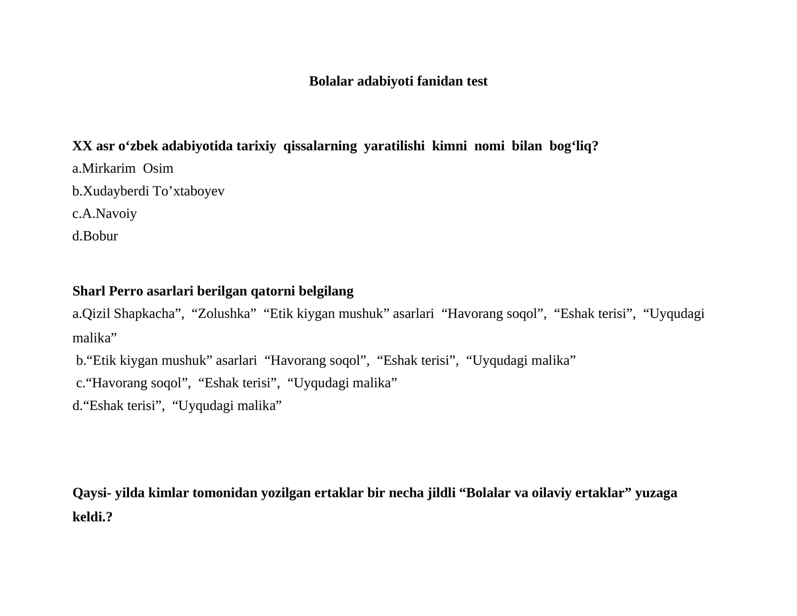 Bolalar adabiyoti fanidan test