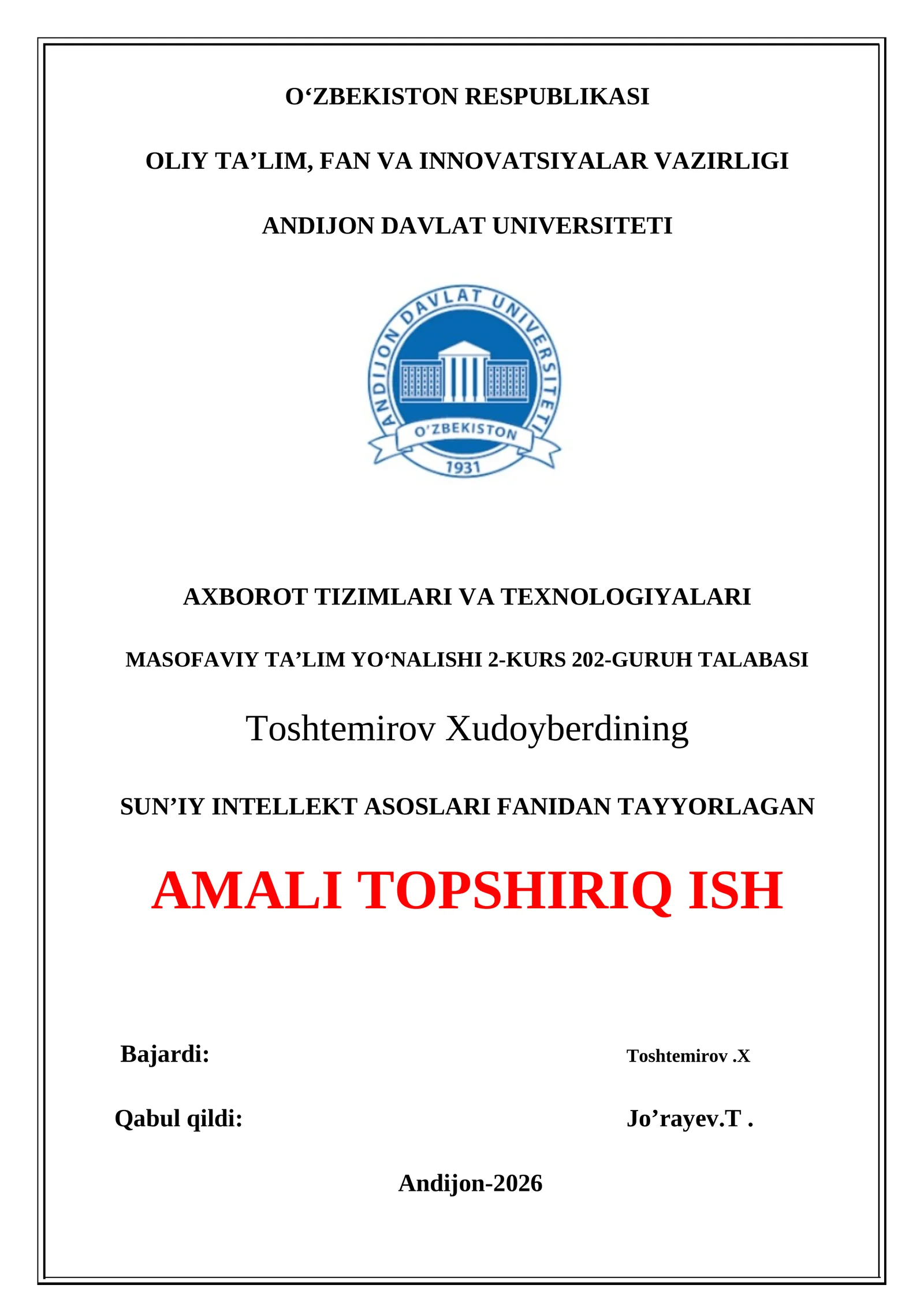 SUN’IY INTELLEKT ASOSLARI FANIDAN TAYYORLAGAN AMALI TOPSHIRIQ ISH