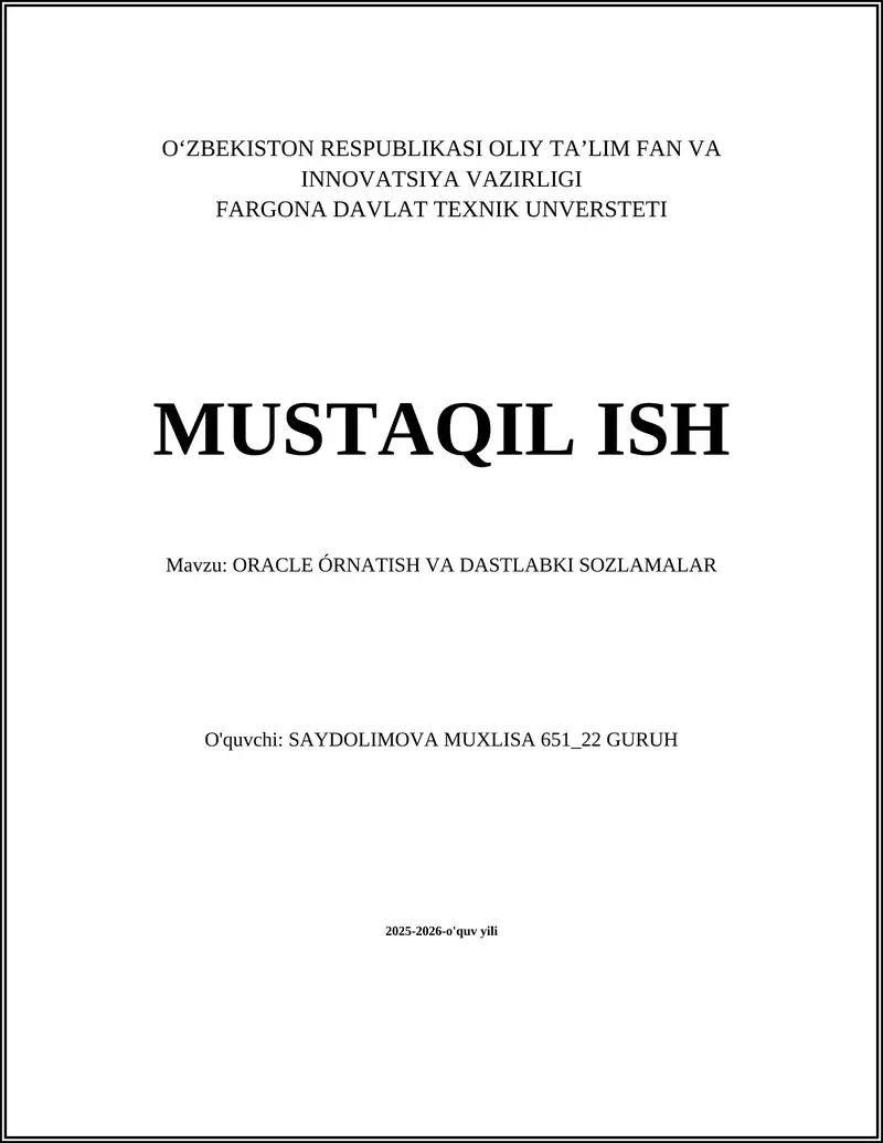 ORACLE ÓRNATISH VA DASTLABKI SOZLAMALAR