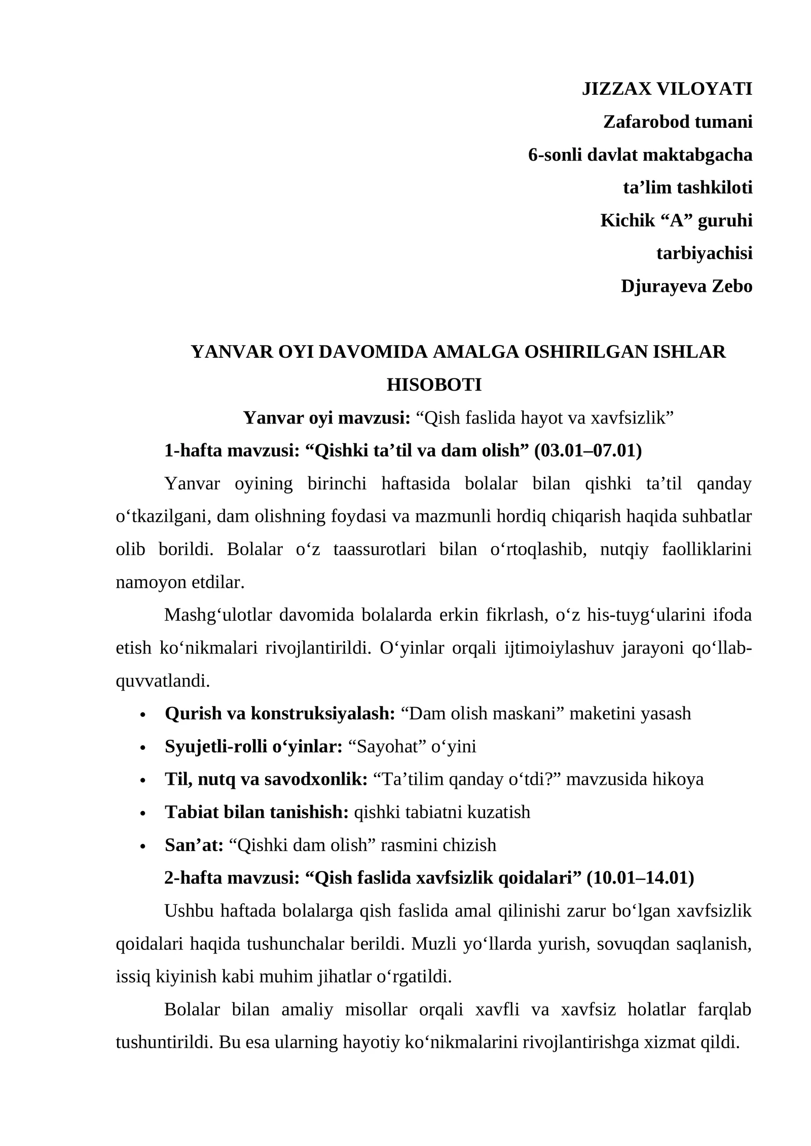 Maktabgacha ta'lim tarbiyachilari uchun Yanvar hisoboti