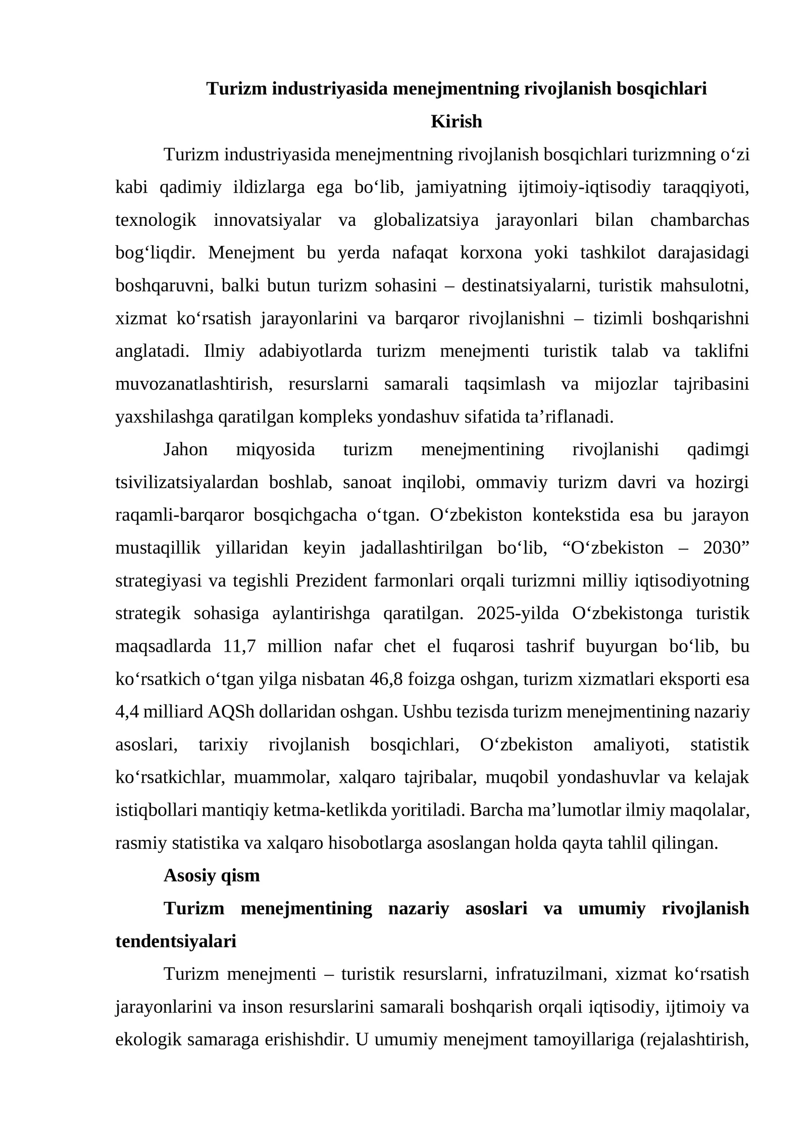 Turizm industriyasida menejmentning rivojlanish bosqichlari