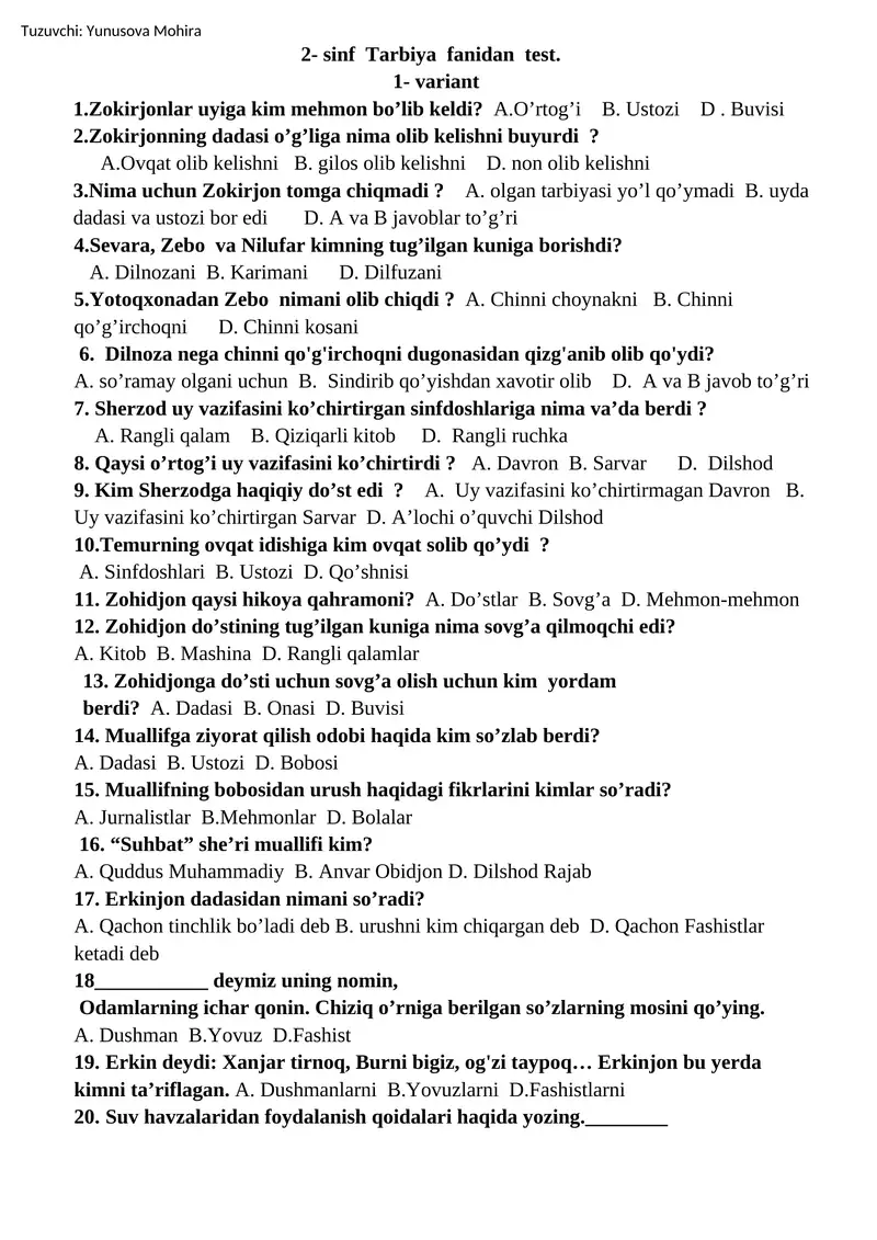 2- sinf Tarbiya fanidan test