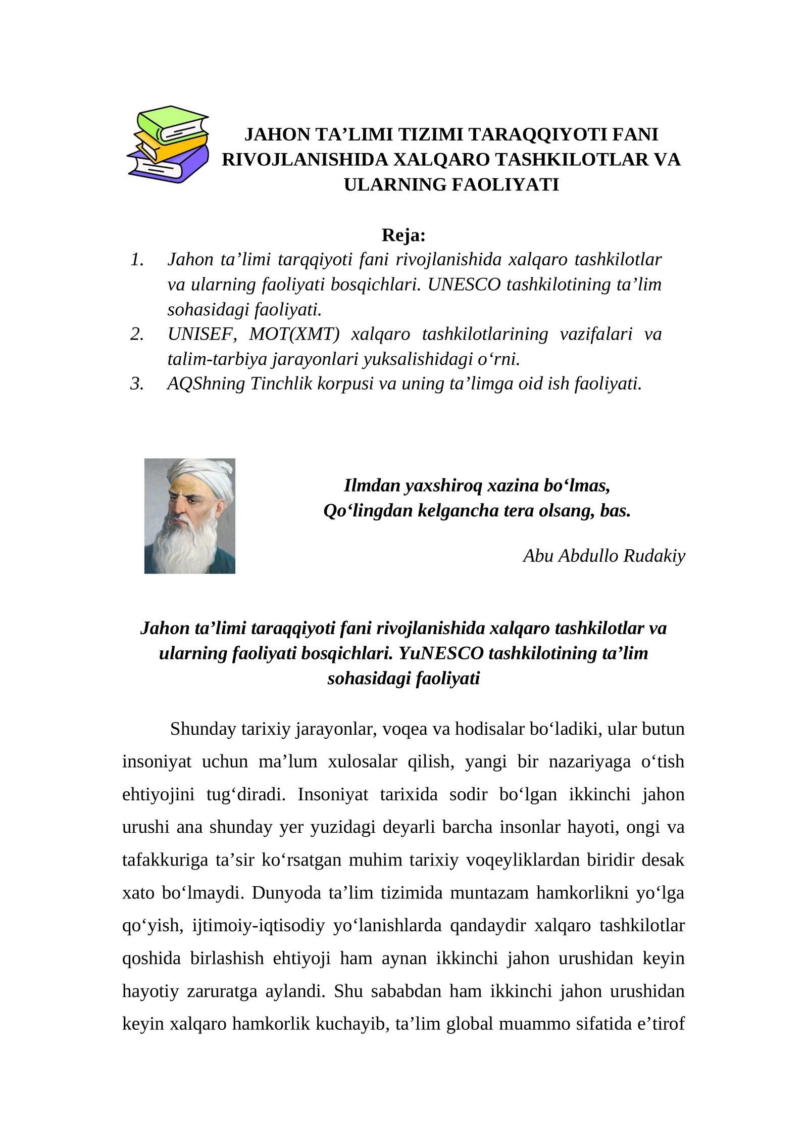 Osiyo Mamlakatlari Ta'limi Tizimini O'ziga xos Jihatlari