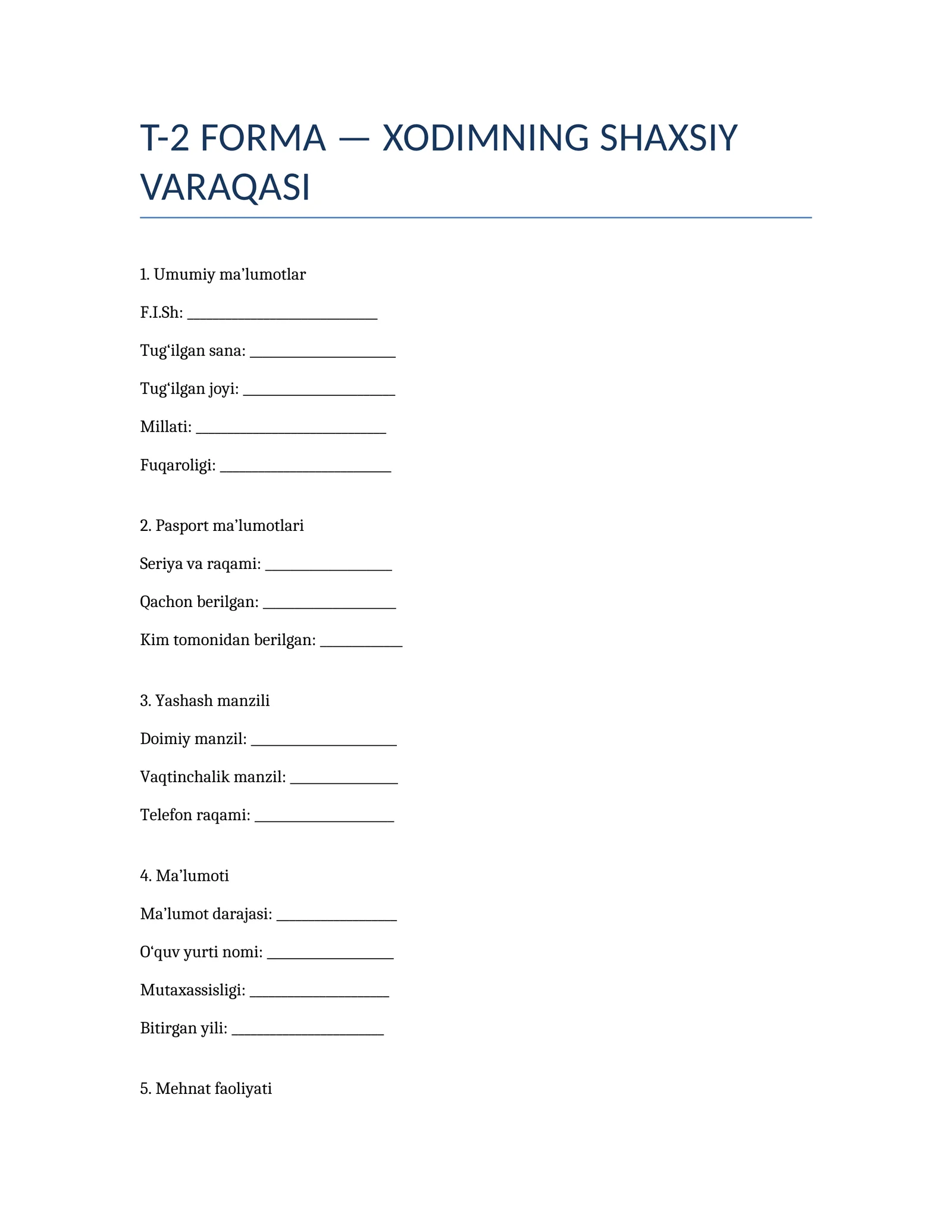 T-2 FORMA — XODIMNING SHAXSIY VARAQASI