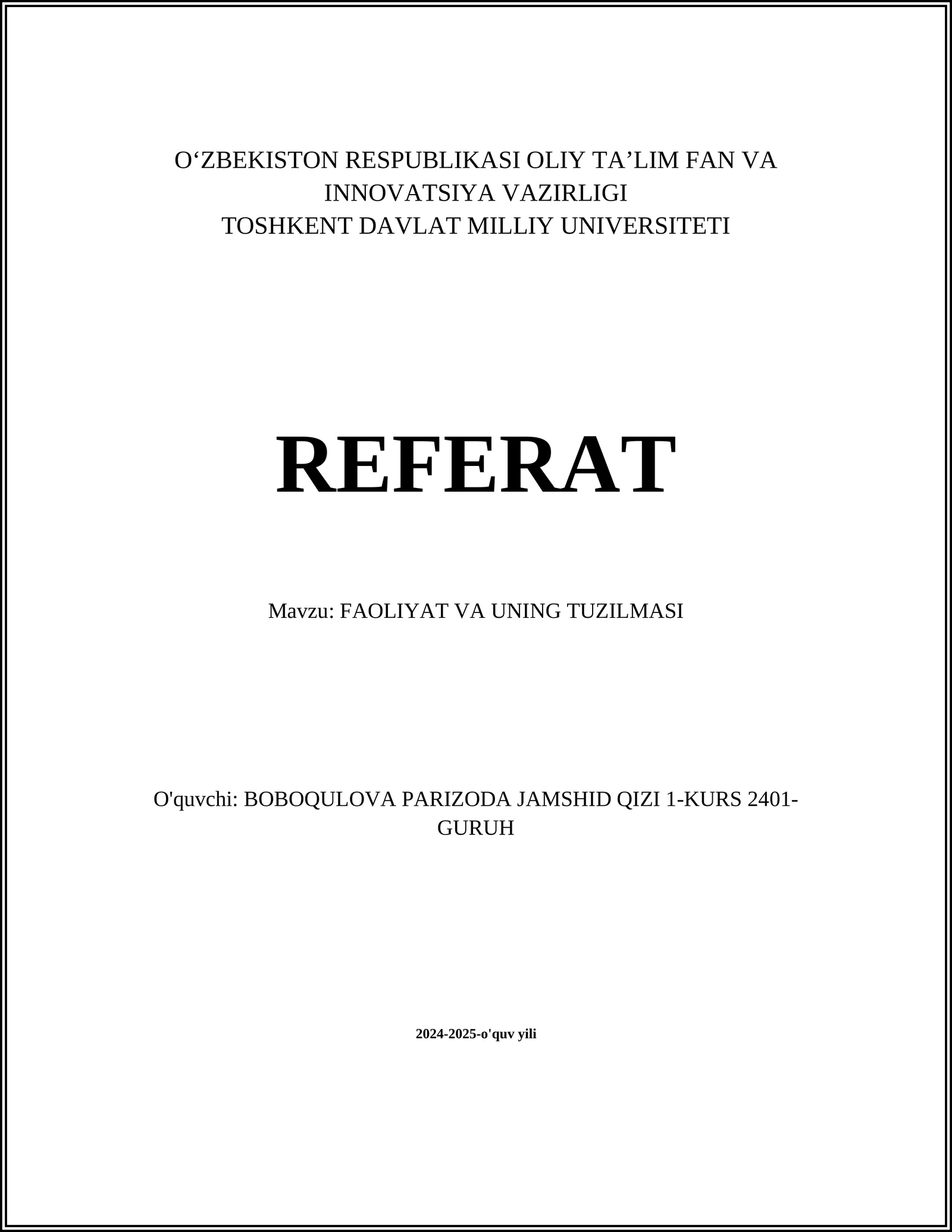 FAOLIYAT VA UNING TUZILMASI