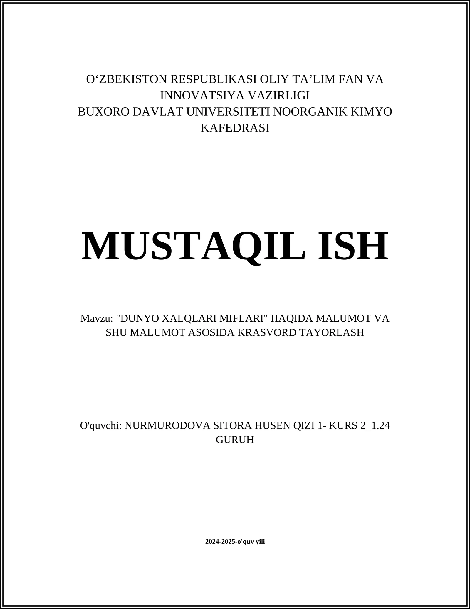 "DUNYO XALQLARI MIFLARI" HAQIDA MALUMOT VA SHU MALUMOT ASOSIDA KRASVORD TAYORLASH