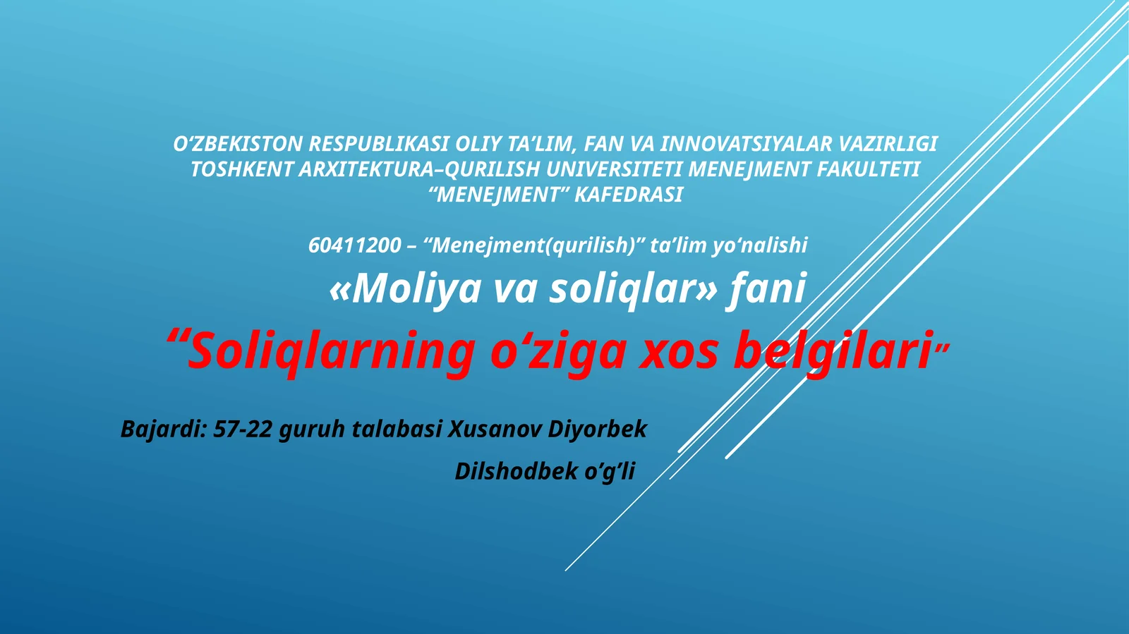 Soliqlarning o‘zigaxos belgilari
