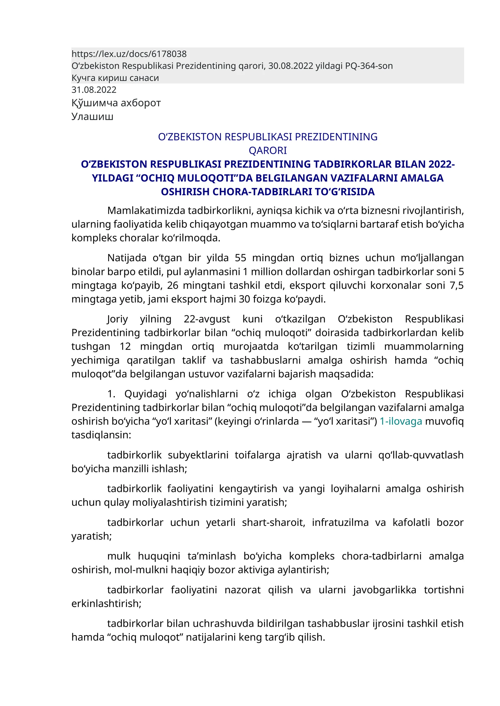 O‘ZBEKISTON RESPUBLIKASI PREZIDENTINING TADBIRKORLAR BILAN 2022-YILDAGI “OCHIQ MULOQOTI”DA BELGILANGAN VAZIFALARNI AMALGA OSHIRISH CHORA-TADBIRLARI TO‘G‘RISIDA