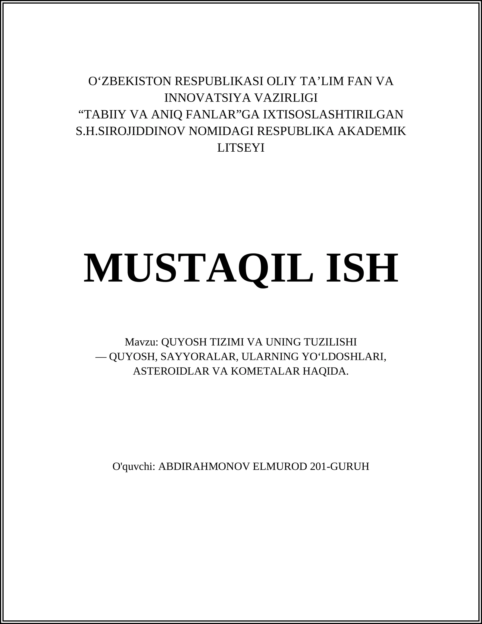 QUYOSH TIZIMI VA UNING TUZILISHI