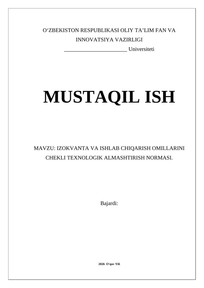 IZOKVANTA VA ISHLAB CHIQARISH OMILLARINI CHEKLI TEXNOLOGIK ALMASHTIRISH NORMASI