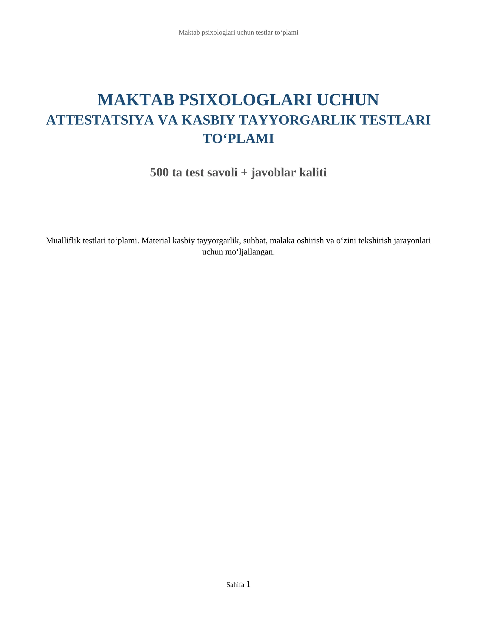 Maktab psixologlari uchun testlar to‘plami
