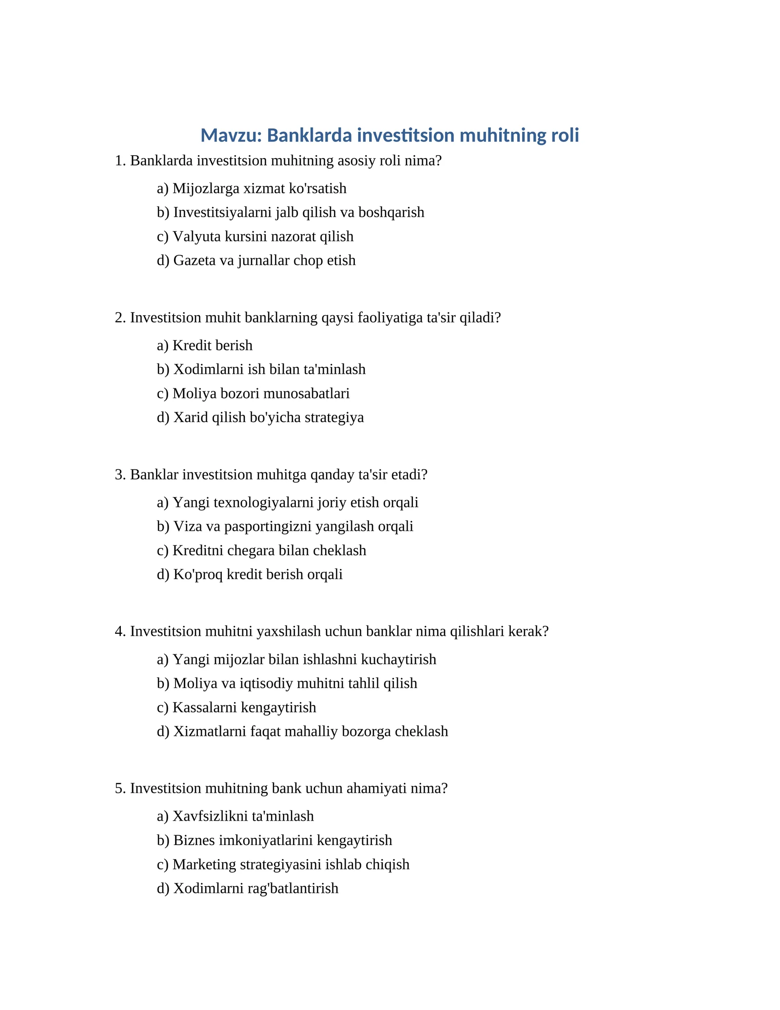 Banklarda investitsion muhitning roli