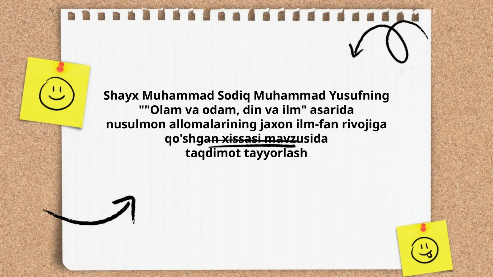 Shayx Muhammad Sodiq Muhammad Yusufning ""Olam va odam, din va ilm" asarida nusulmon allomalarining jaxon ilm-fan rivojiga qo'shgan xissasi mavzusida taqdimot tayyorlash