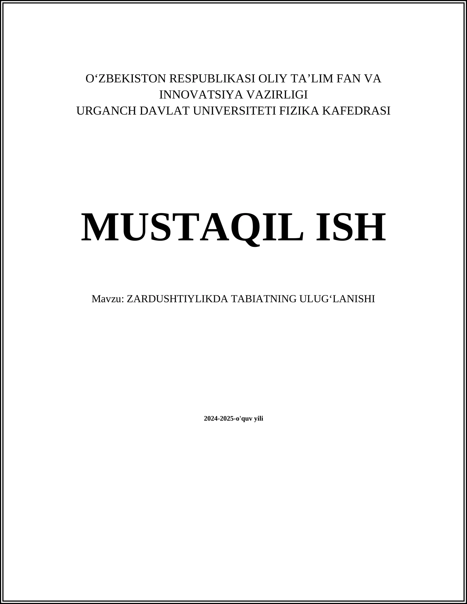 ZARDUSHTIYLIKDA TABIATNING ULUGʻLANISHI
