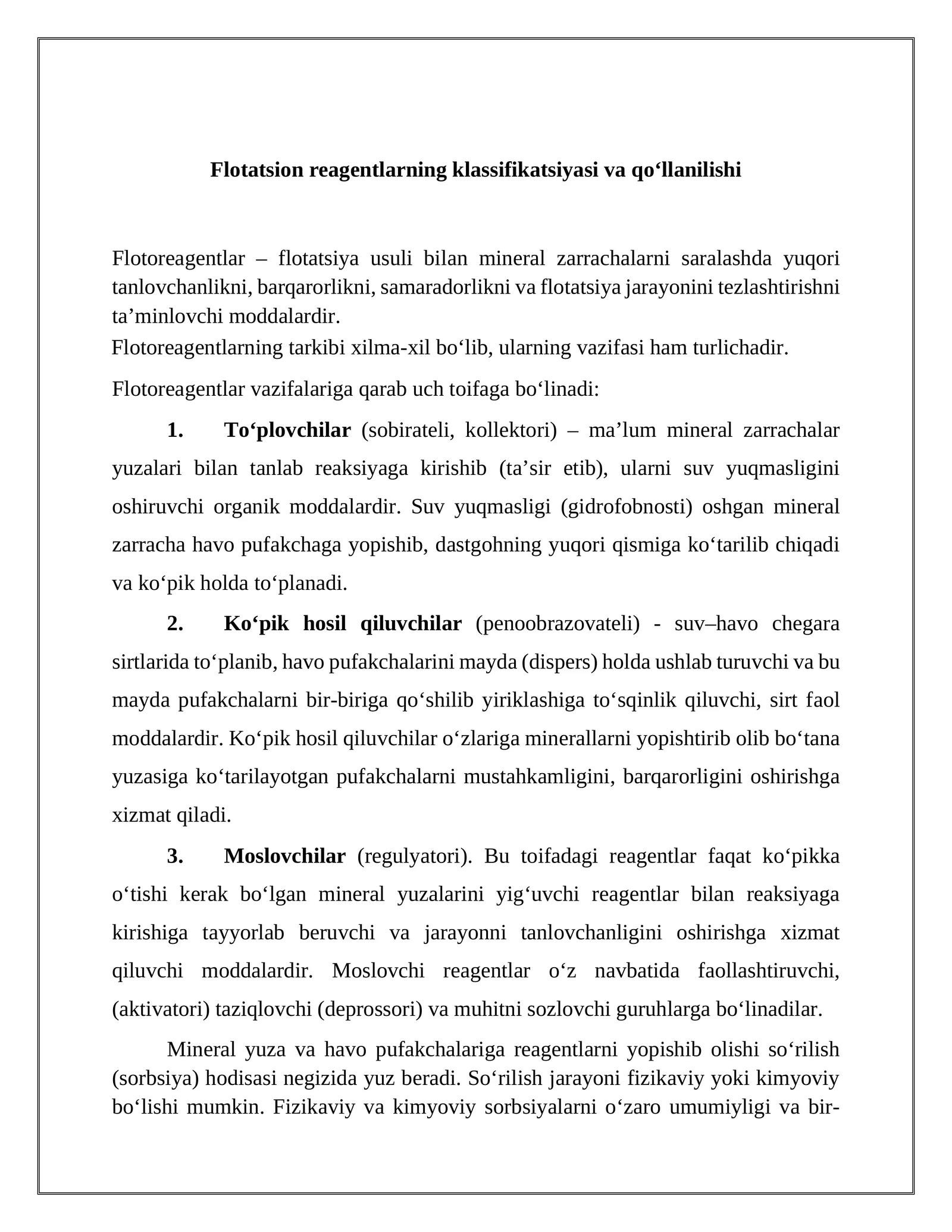 Flоtаtsiоn rеаgеntlаrning klаssifikаtsiyasi vа qo‘llаnilishi