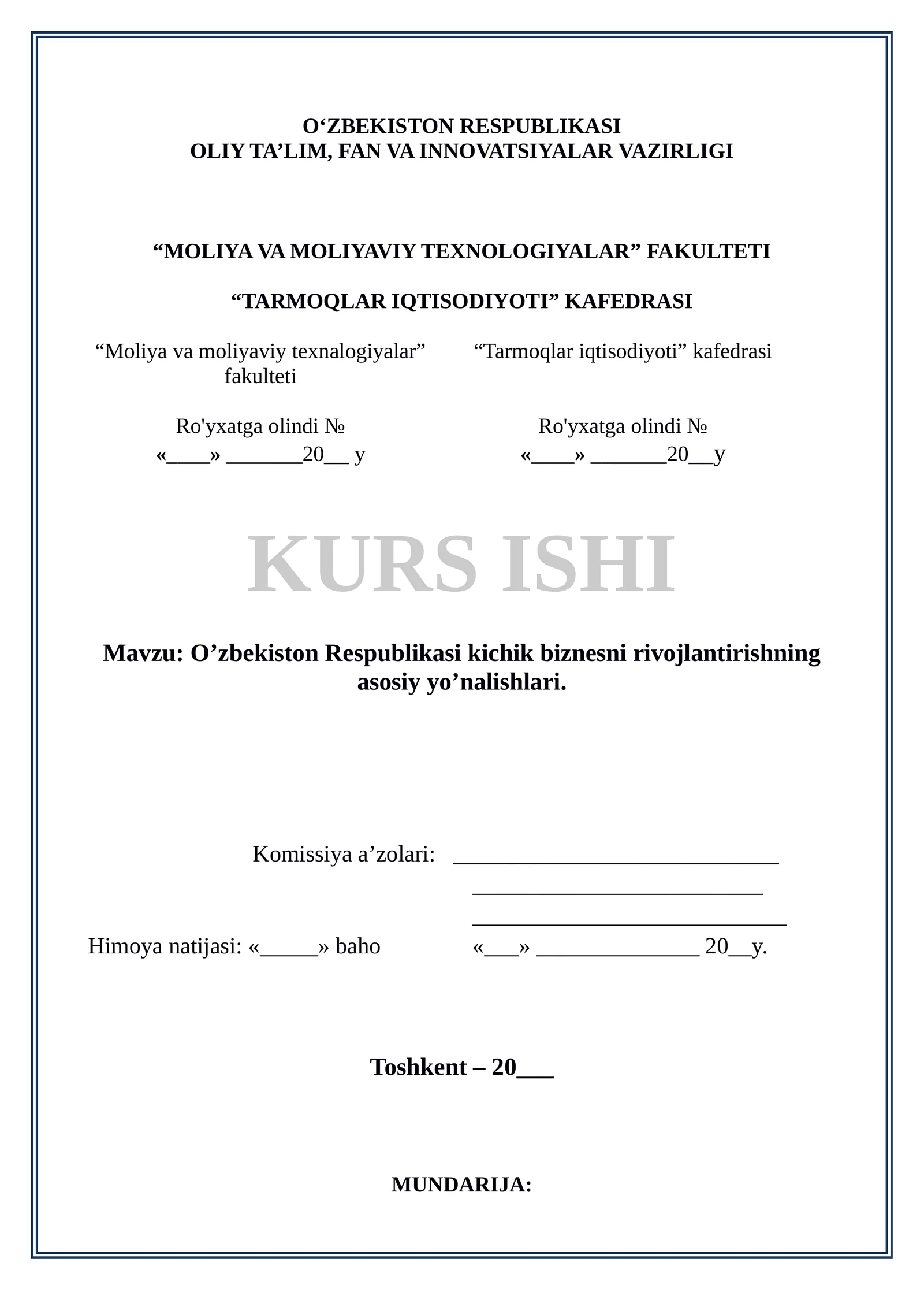O’zbekiston Respublikasi kichik biznesni rivojlantirishning asosiy yo’nalishlari