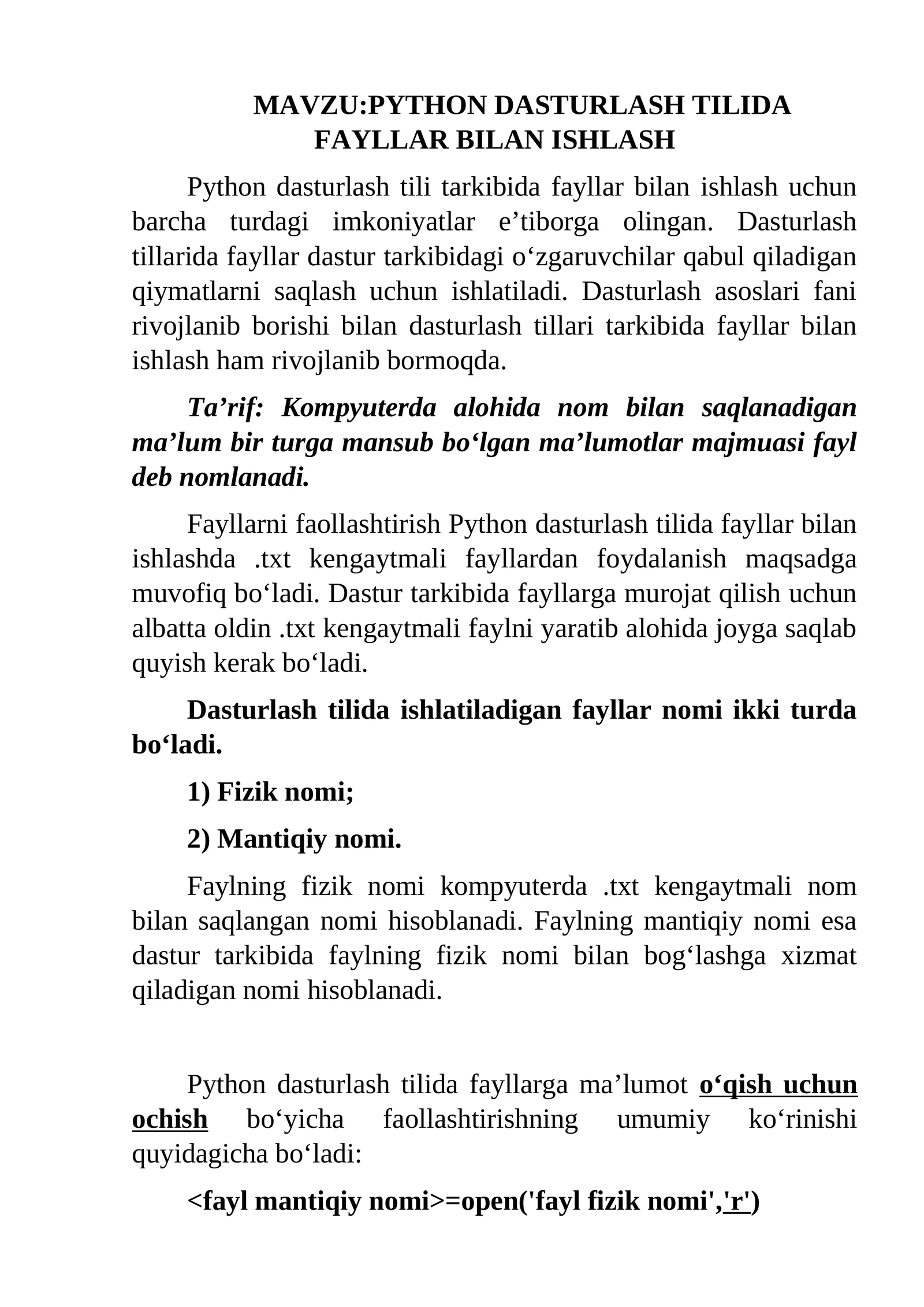 PYTHON DASTURLASH TILIDA FAYLLAR BILAN ISHLASH