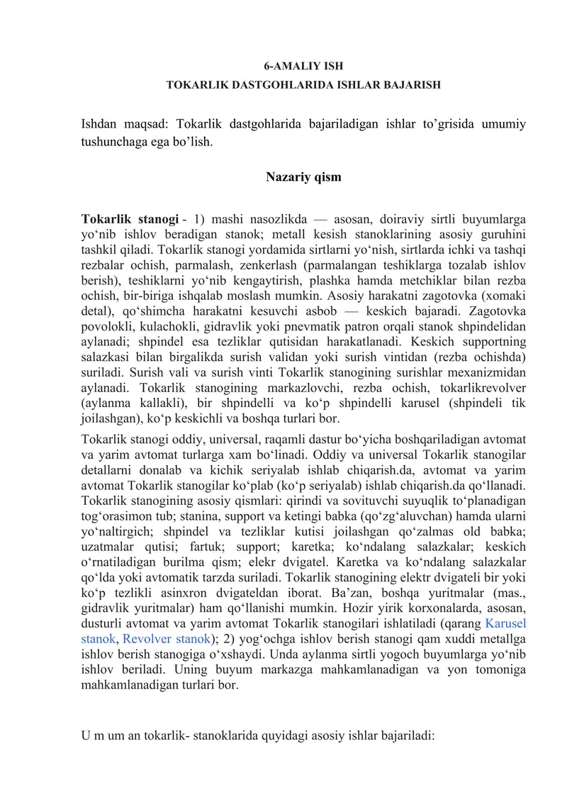 Tokarlik Dastgohlarda Ishlar Bajarish