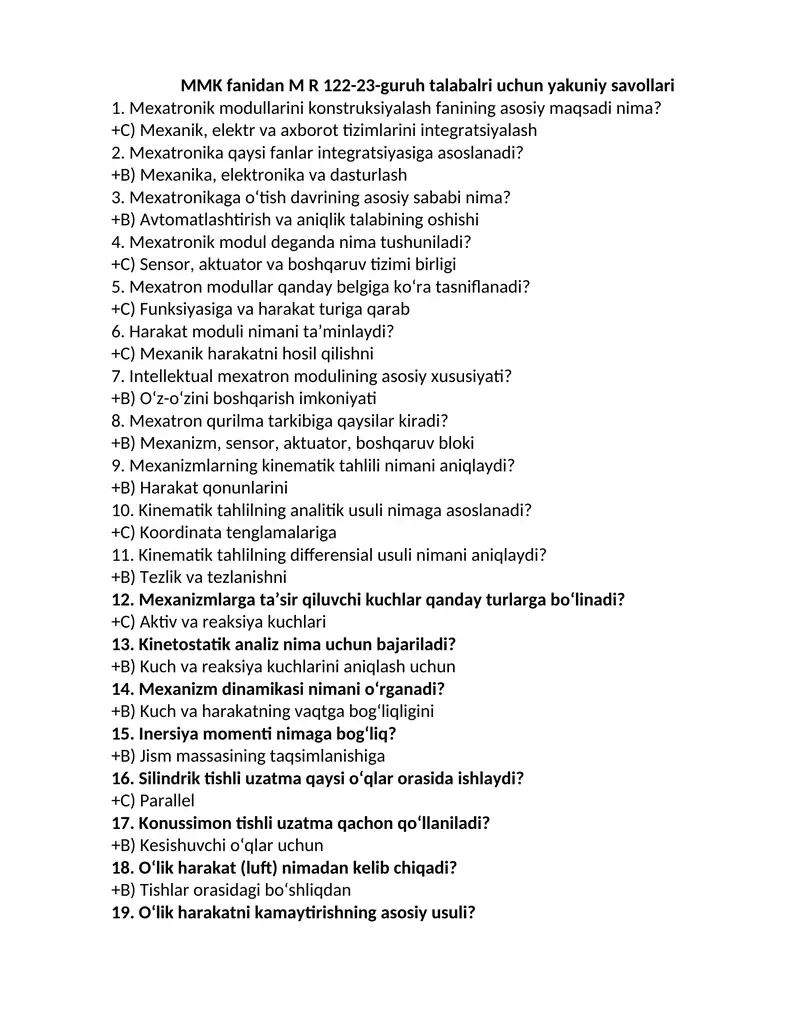 MMK fanidan M R 122-23-guruh talabalri uchun yakuniy savollari