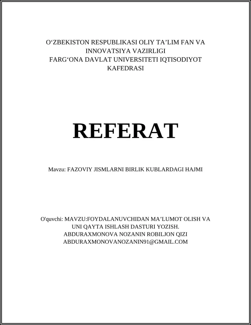 FAZOVIY JISMLARNI BIRLIK KUBLARDAGI HAJMI