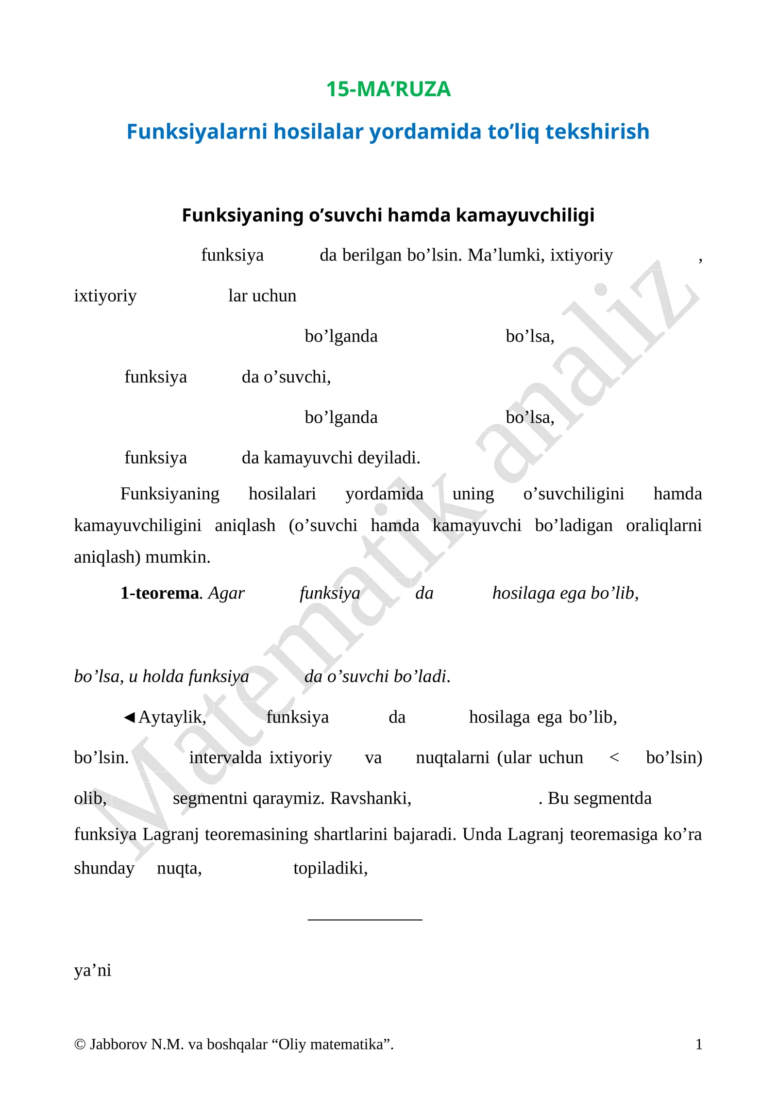 Funksiyalarni hosilalar yordamida to’liq tekshirish