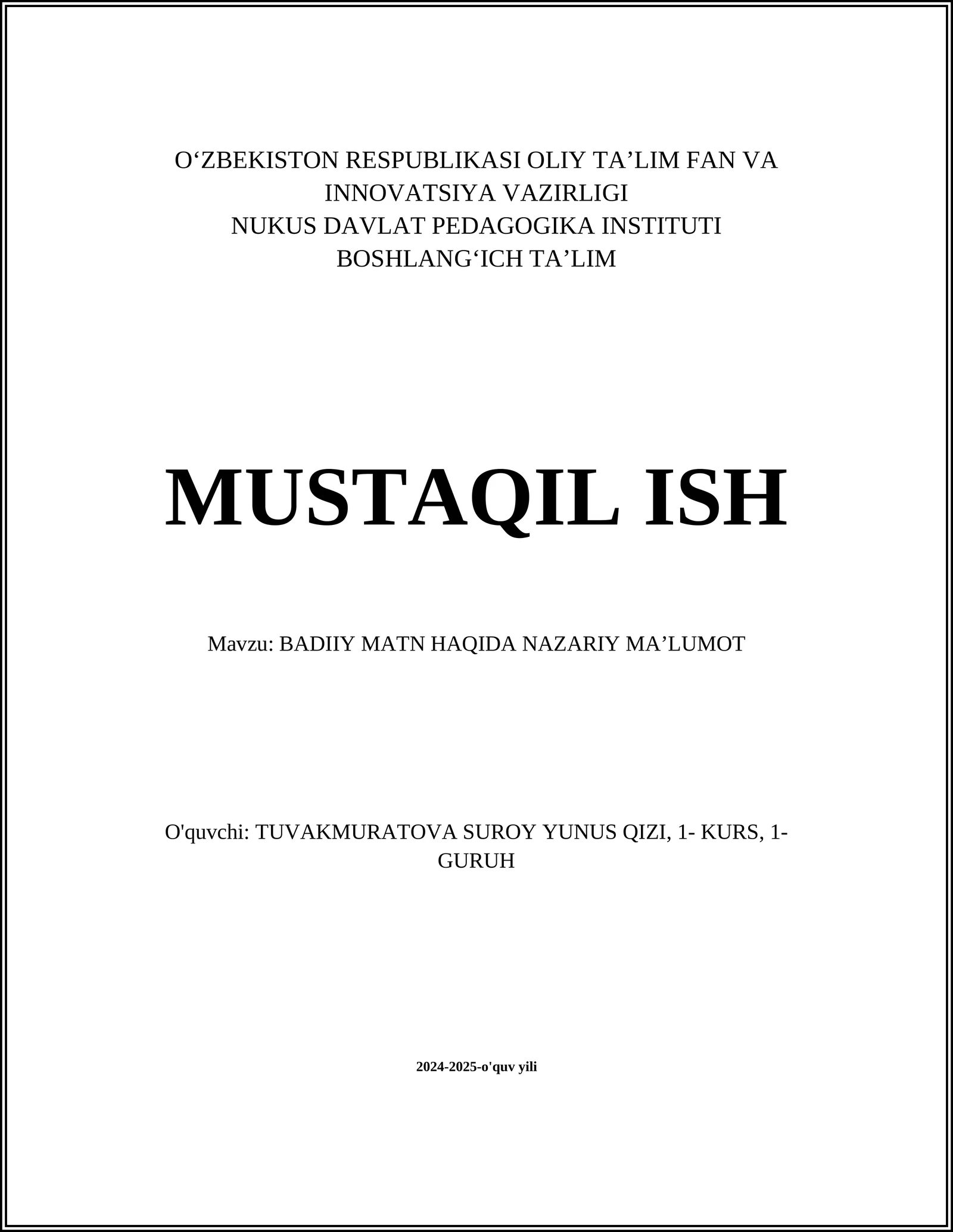 BADIIY MATN HAQIDA NAZARIY MAʼLUMOT