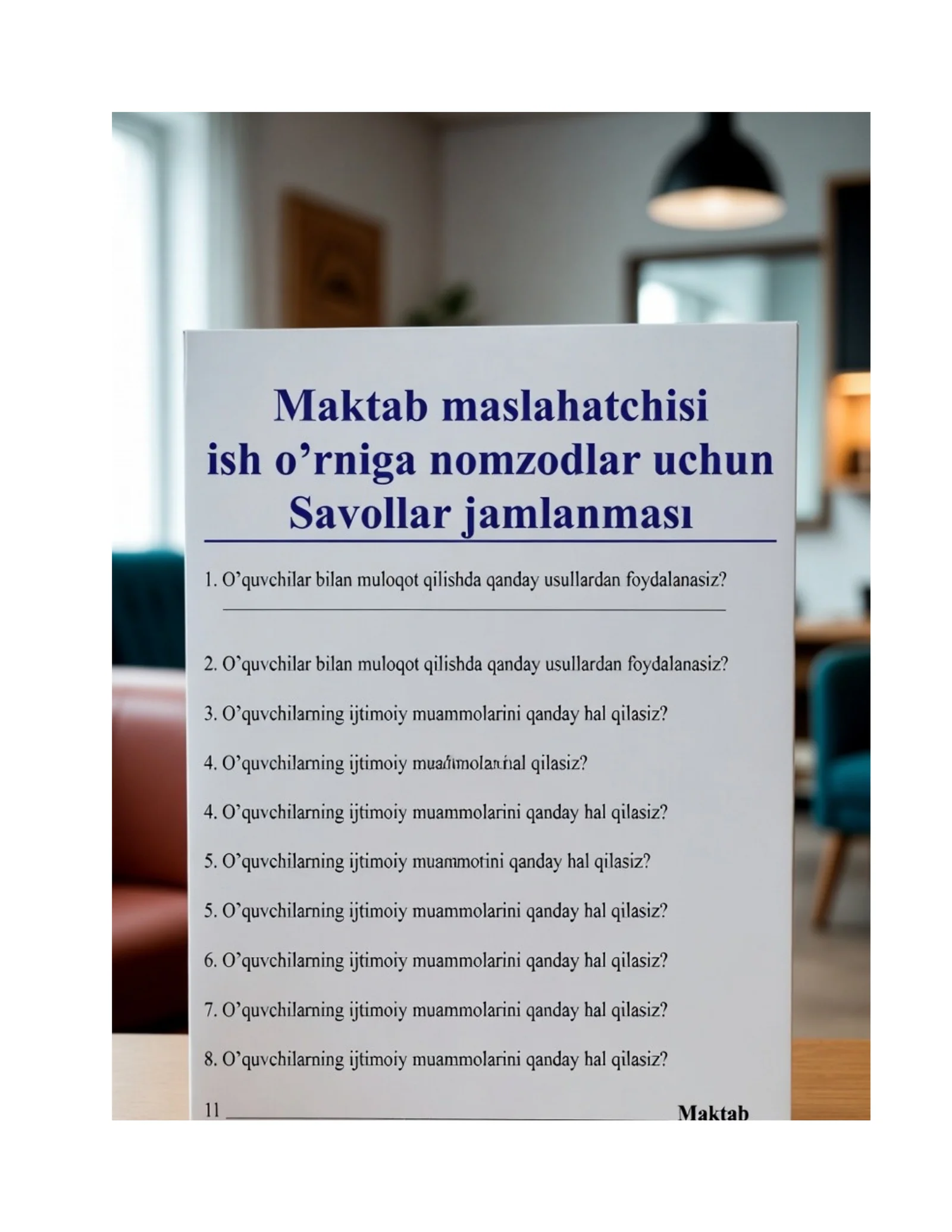 Maktab maslahatchisi lavozimi uchun imtihon savollari va javoblari