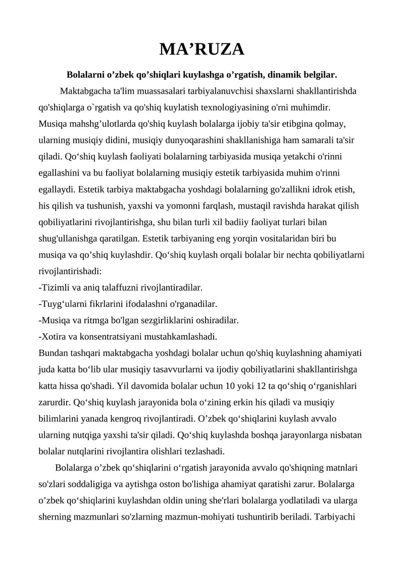 Bolalarni o’zbek qo’shiqlari kuylashga o’rgatish, dinamik belgilar.