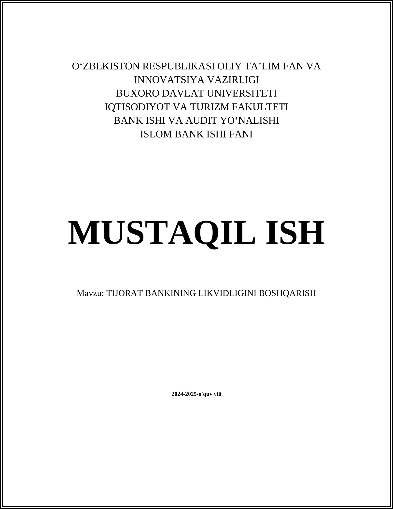TIJORAT BANKINING LIKVIDLIGINI BOSHQARISH