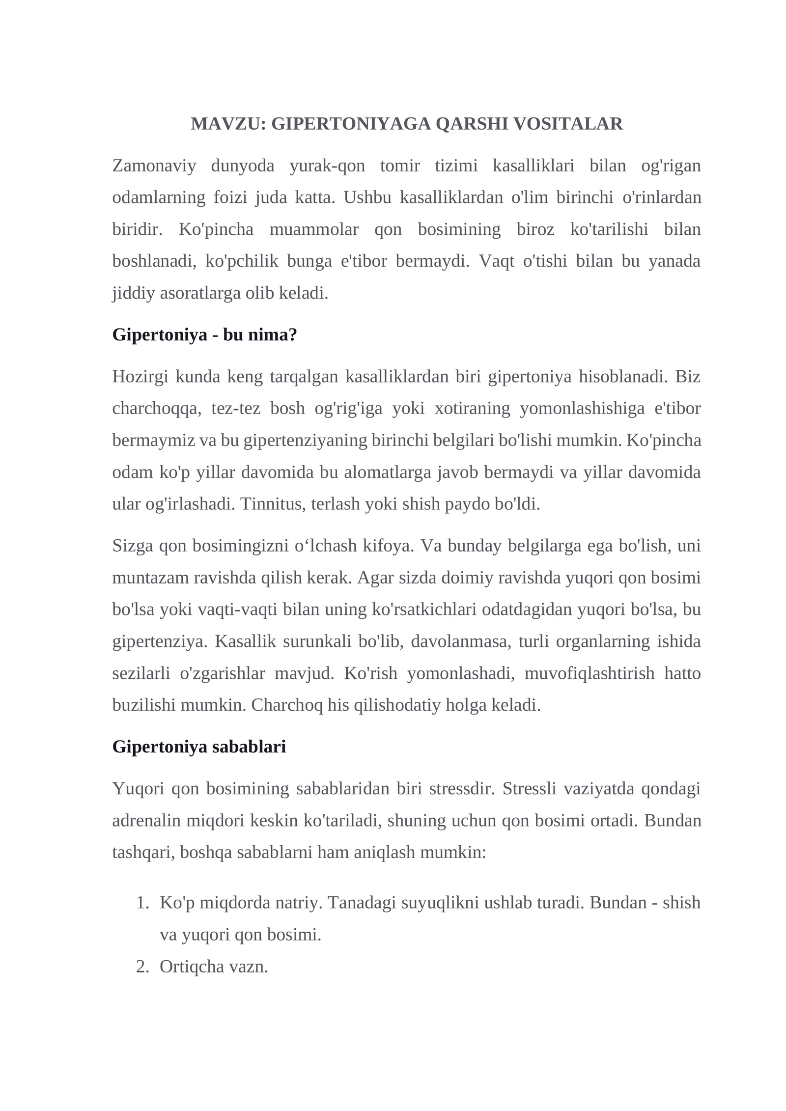 GIPERTONIYAGA QARSHI VOSITALAR