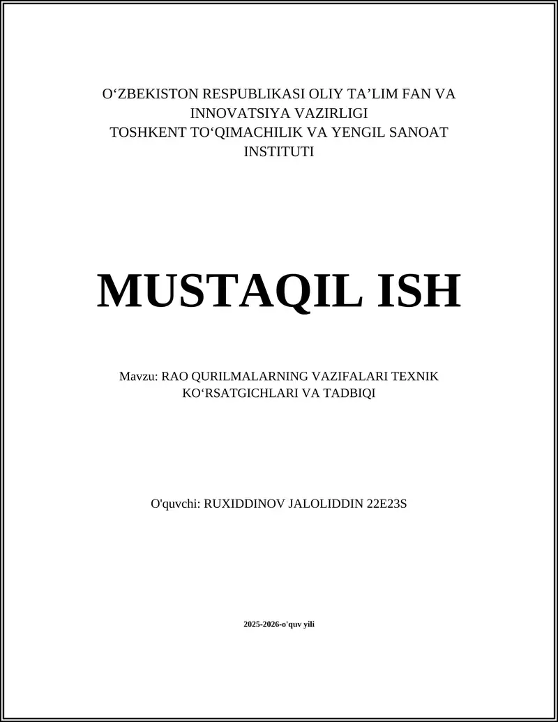 RAO QURILMALARNING VAZIFALARI TEXNIK KOʻRSATGICHLARI VA TADBIQI