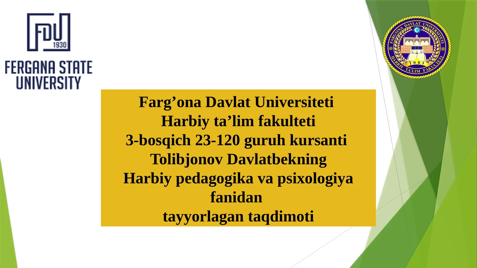 Harbiy pedagogika va psixologiya fanidan tayyorlagan taqdimoti
