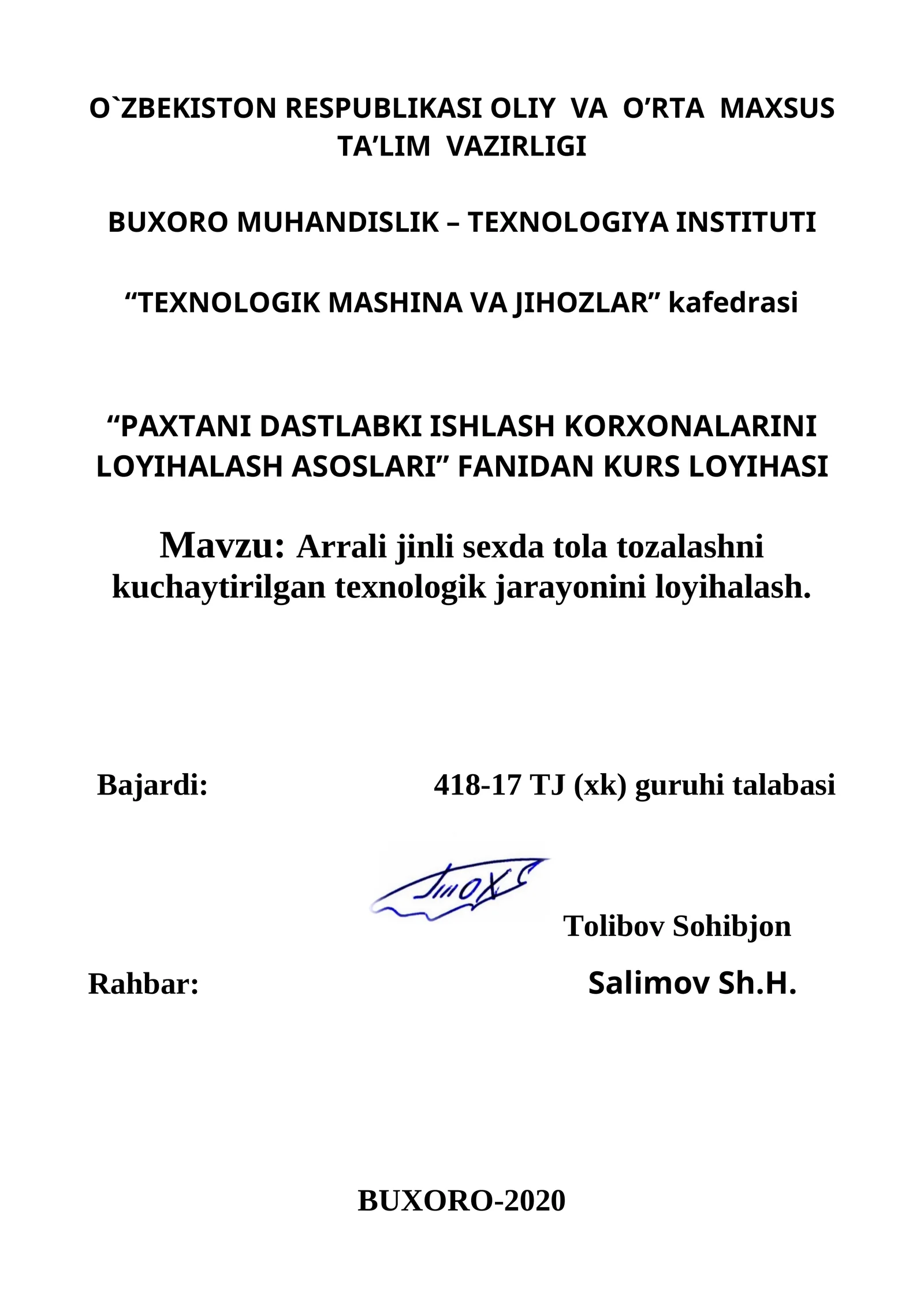 Arrali jinli sexda tola tozalashni kuchaytirilgan texnologik jarayonini loyihalash