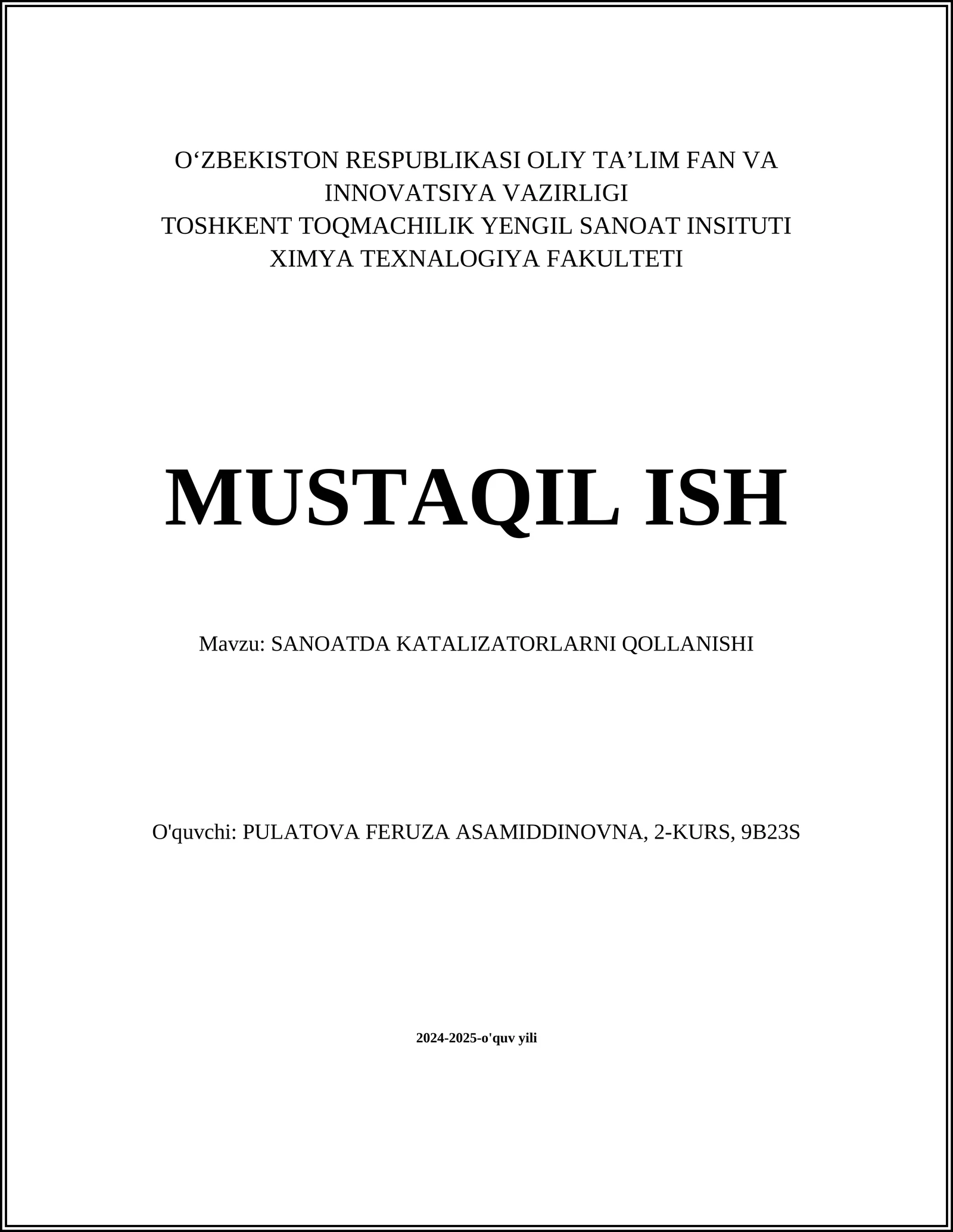 SANOATDA KATALIZATORLARNI QOLLANISHI