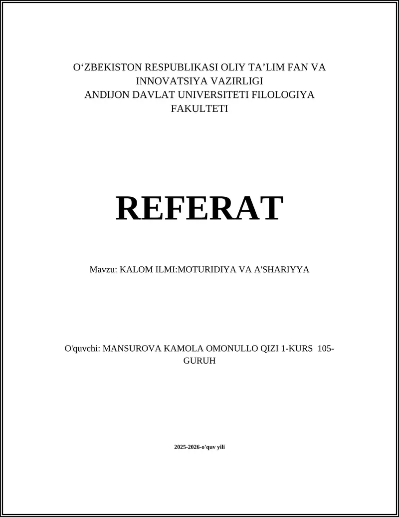 KALOM ILMI:MOTURIDIYA VA A'SHARIYYA