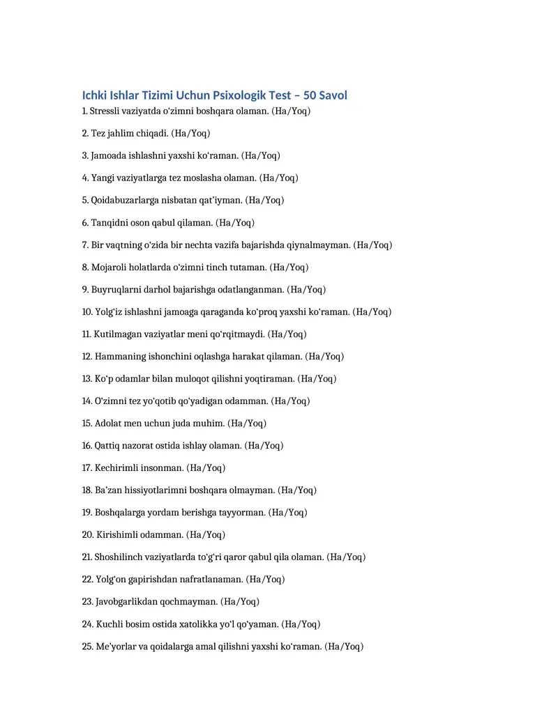 Ichki Ishlar Tizimi Uchun Psixologik Test – 50 Savol