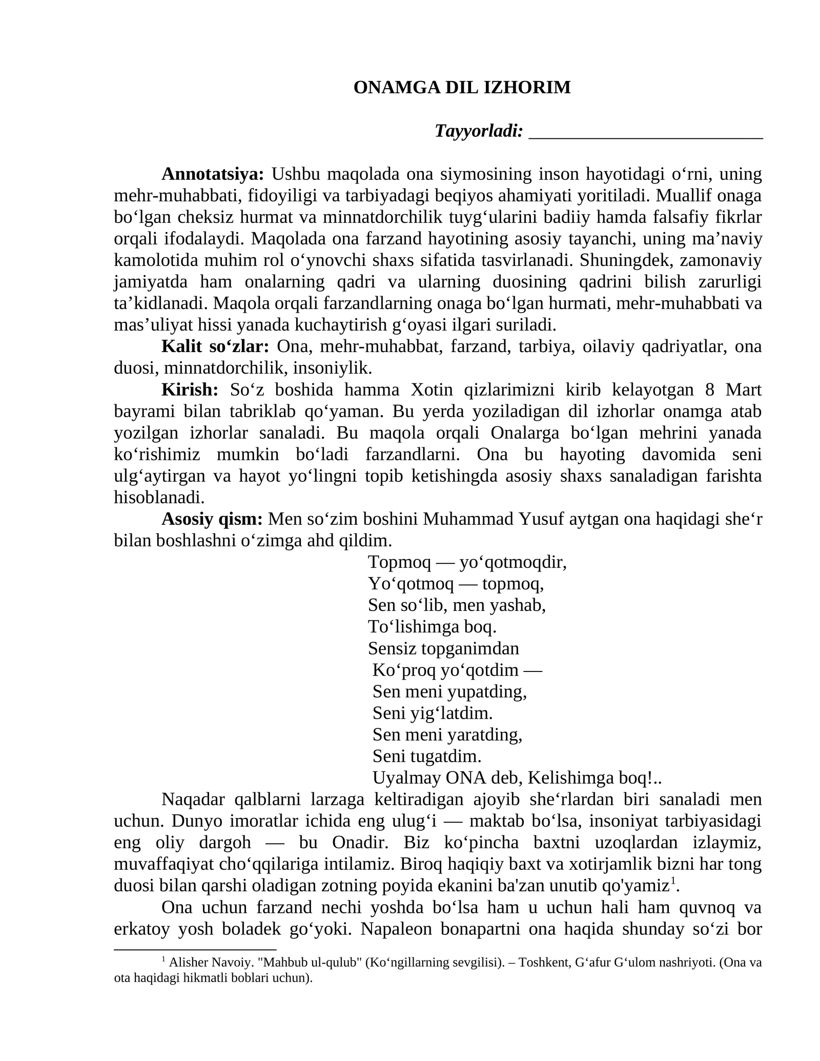 Onamga dil izhorim maqola