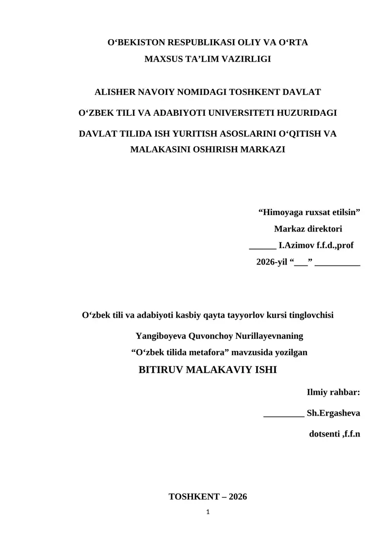 "Oʻzbek tilida metafora" mavzusida yozilgan BITIRUV MALAKAVIY ISHI