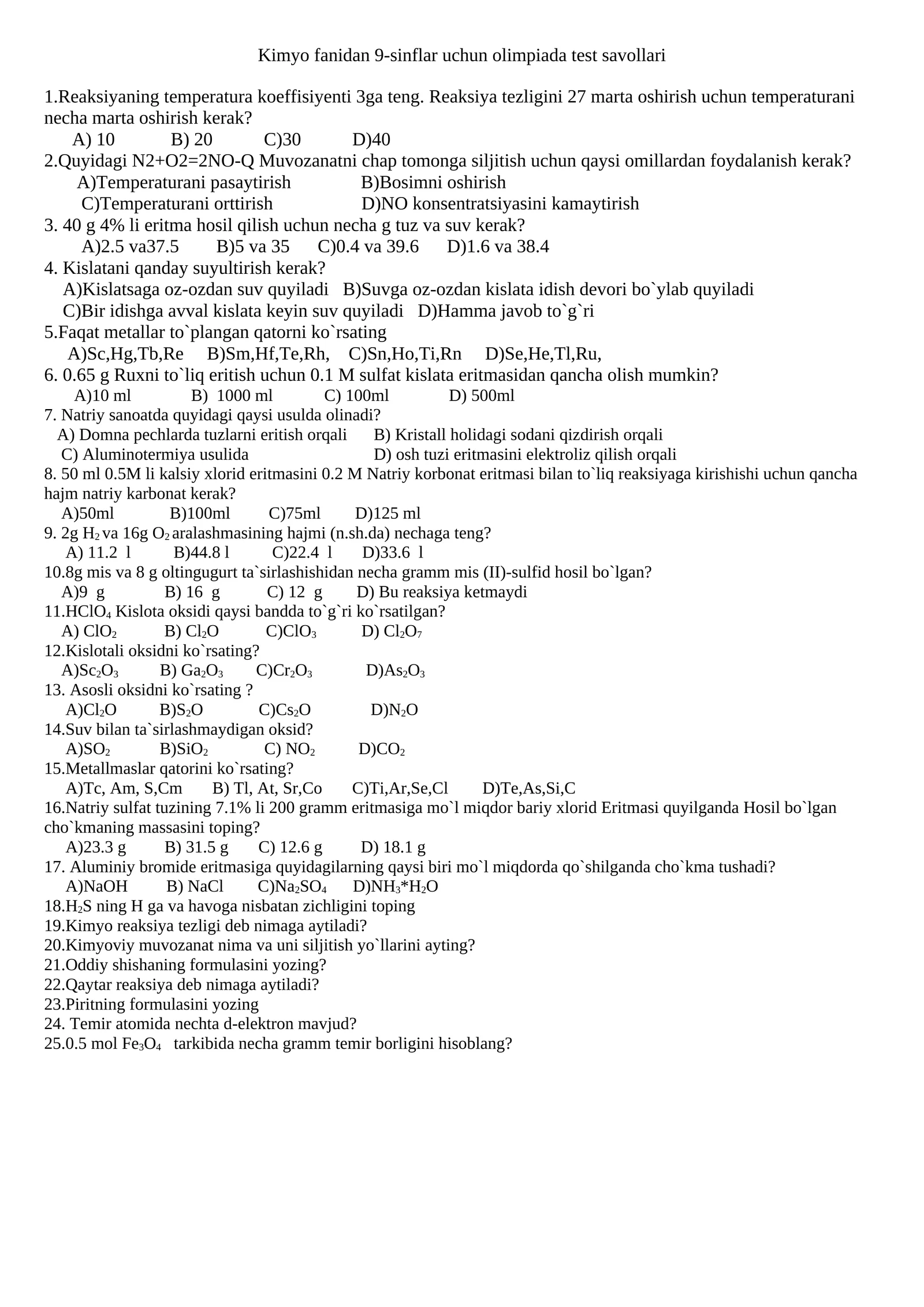 Kimyo fanidan 9-sinflar uchun olimpiada test savollari