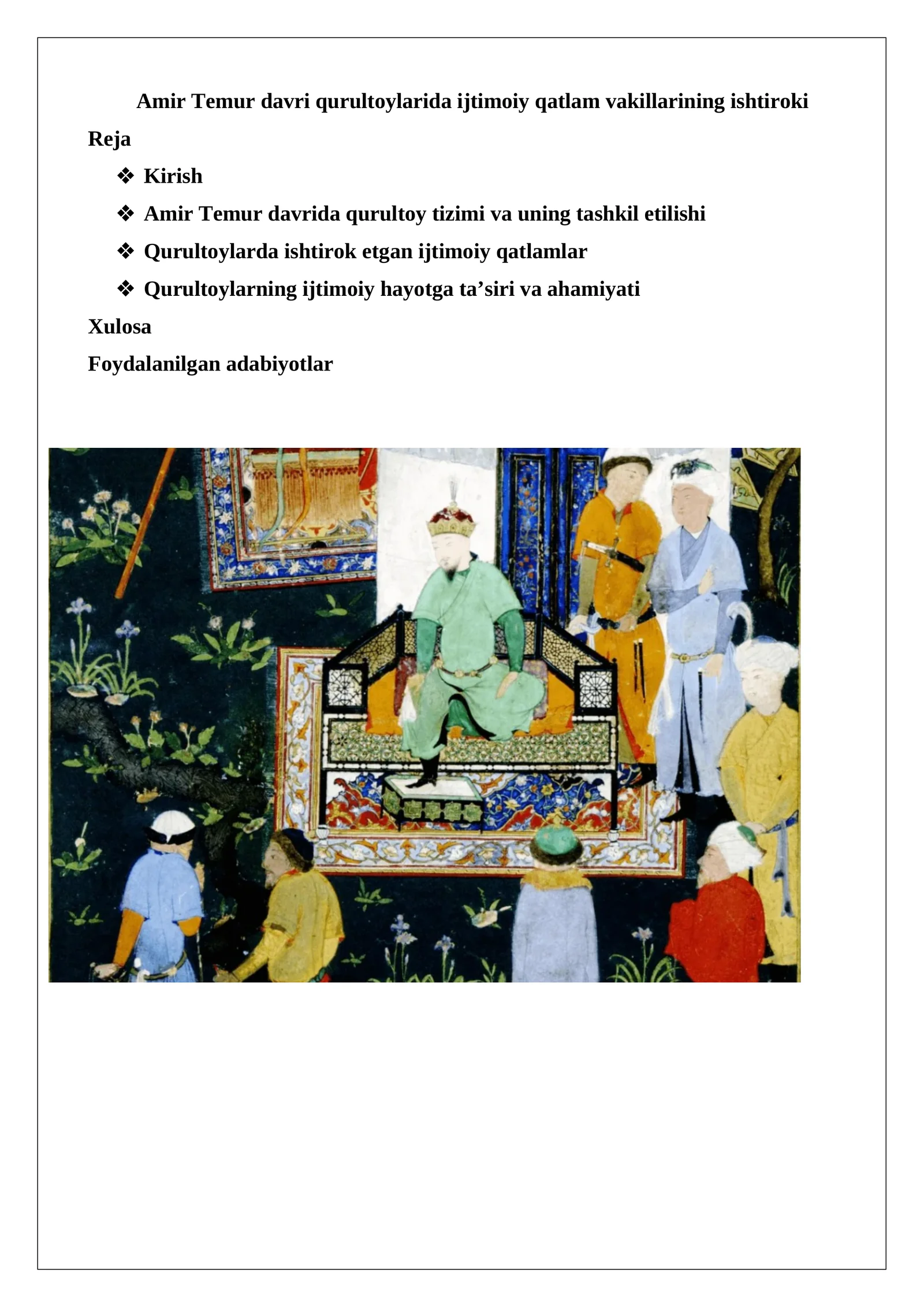 Amir Temur davri qurultoylarida ijtimoiy qatlam vakillarining ishtiroki