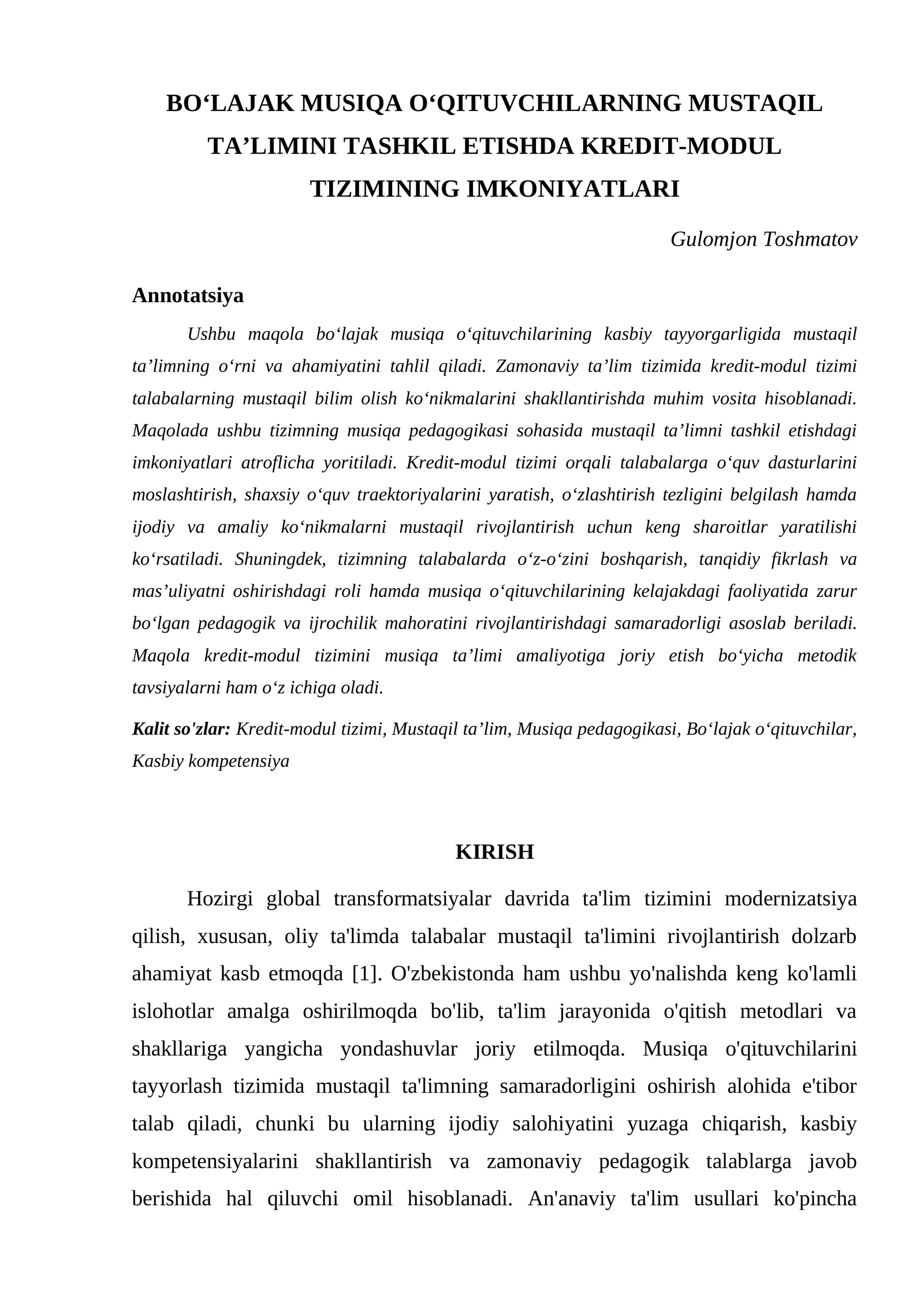Bo'ljak musiqa o'qituvchilarining mustaqil ta'limini tashkil etishda kredit-modul tizimining imkoniyatlari