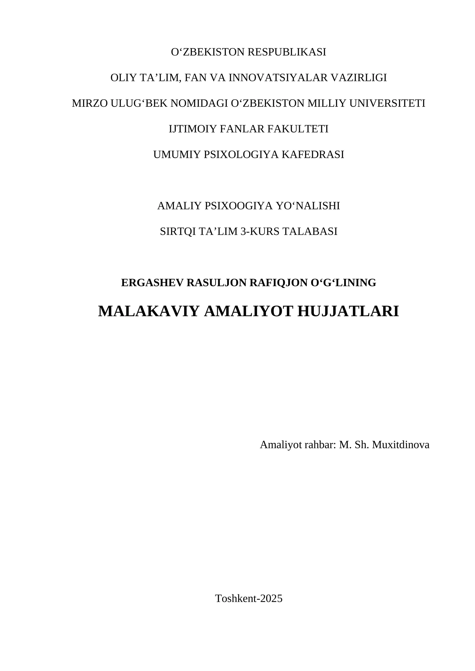 MALAKAVIY AMALIYOT HUJJATLARI