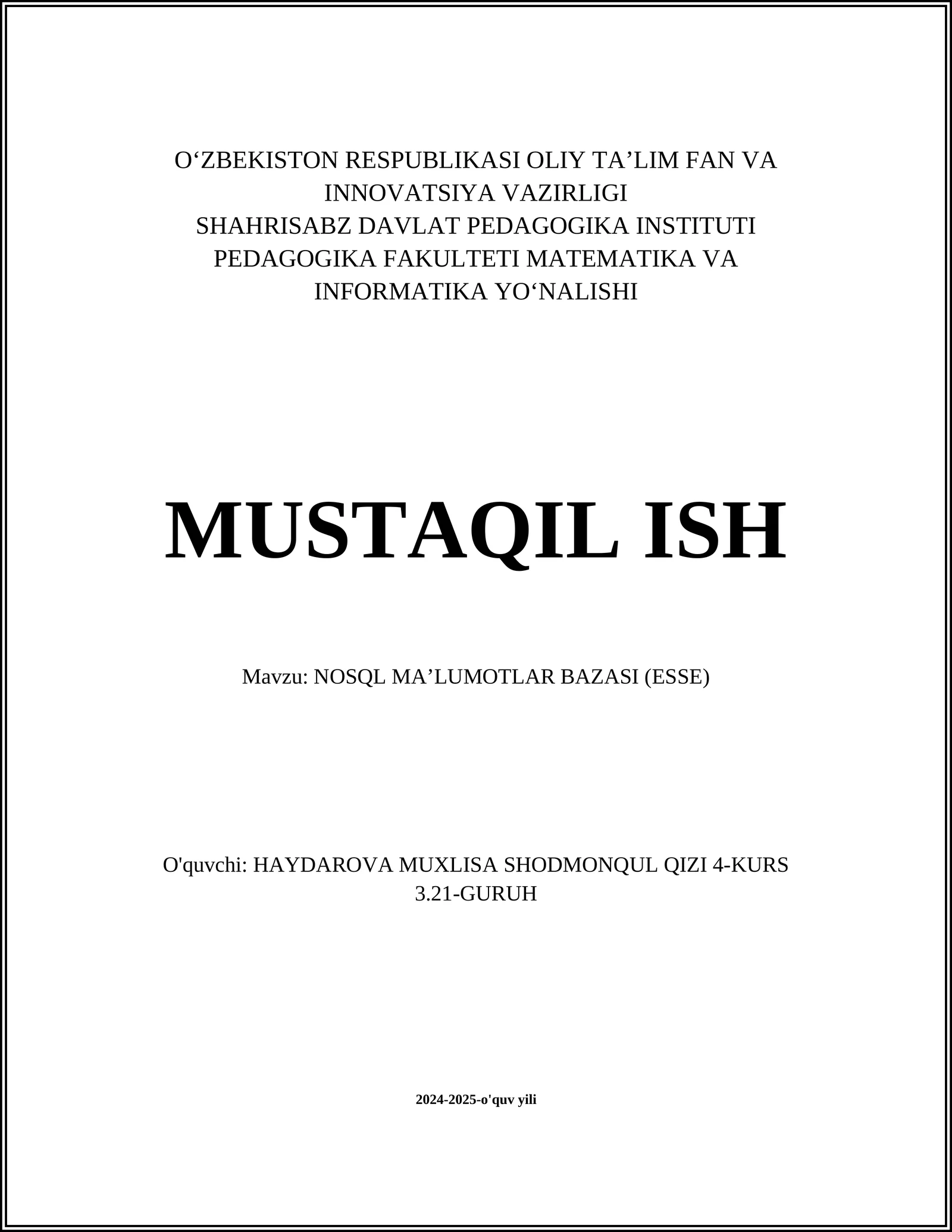 NOSQL MAʼLUMOTLAR BAZASI (ESSE)
