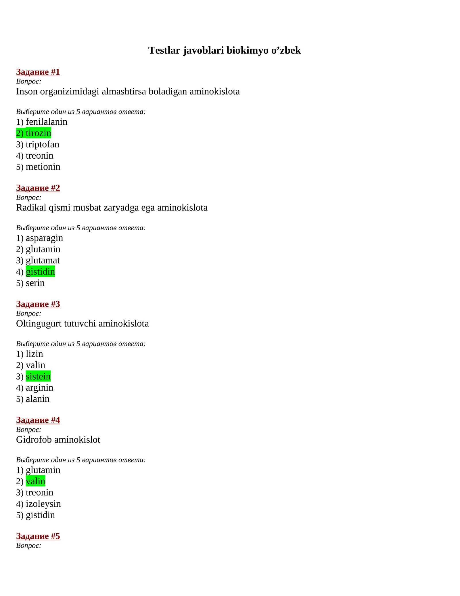 Testlar javoblari biokimyo o’zbekcha