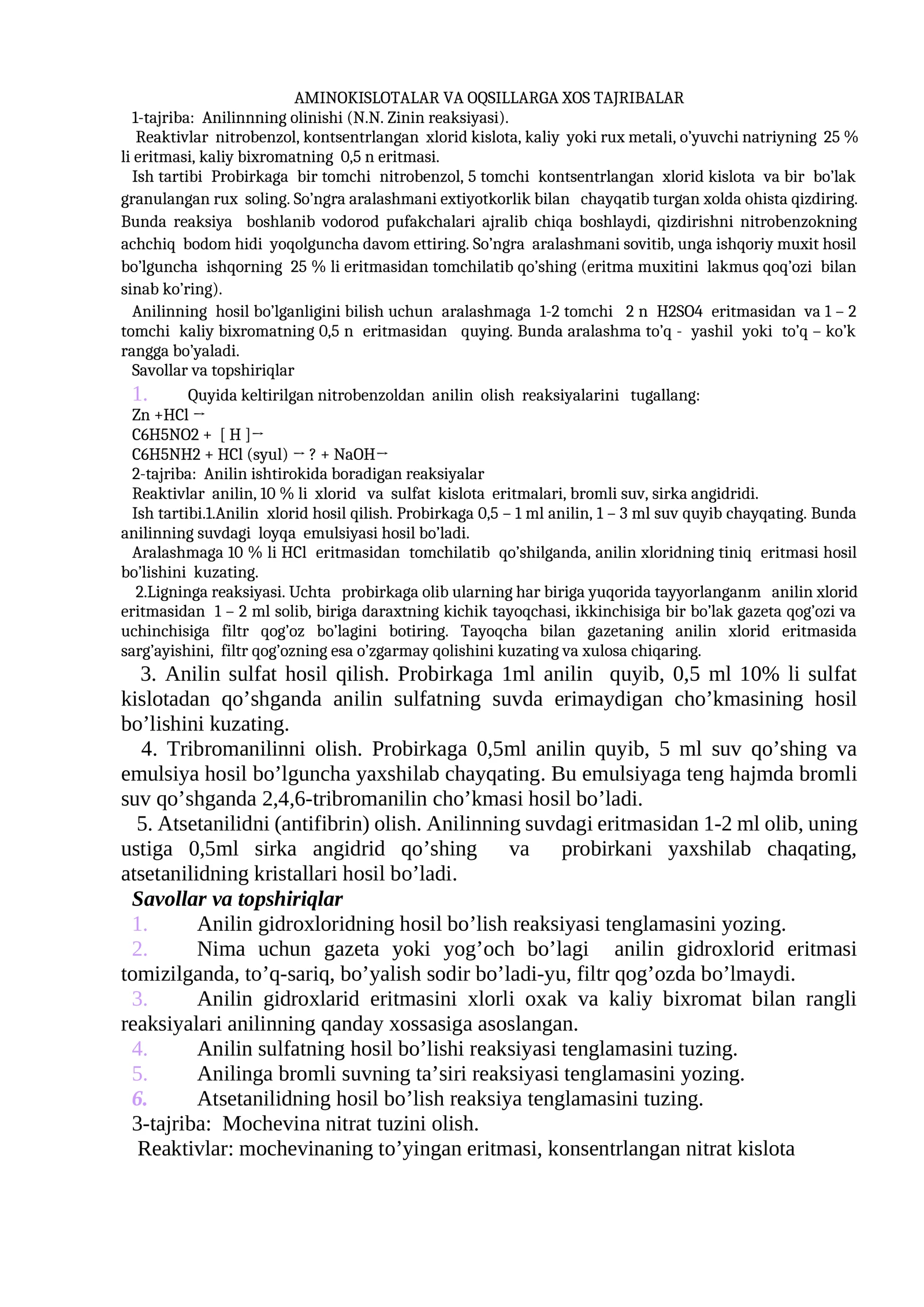 AMINOKISLOTALAR VA OQSILLARGA XOS TAJRIBALAR