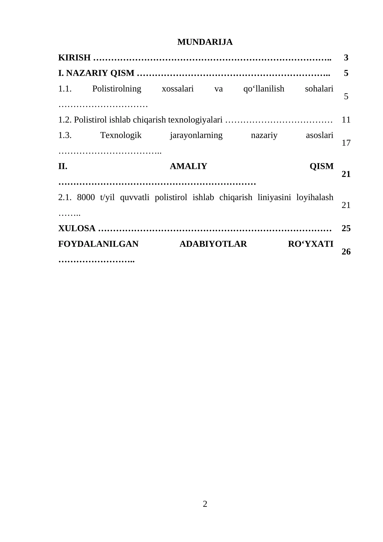 Quvvati Q=8000 t/yil boʻlgan polistirol ishlab chiqaradigan texnologik liniyasini loyihalash