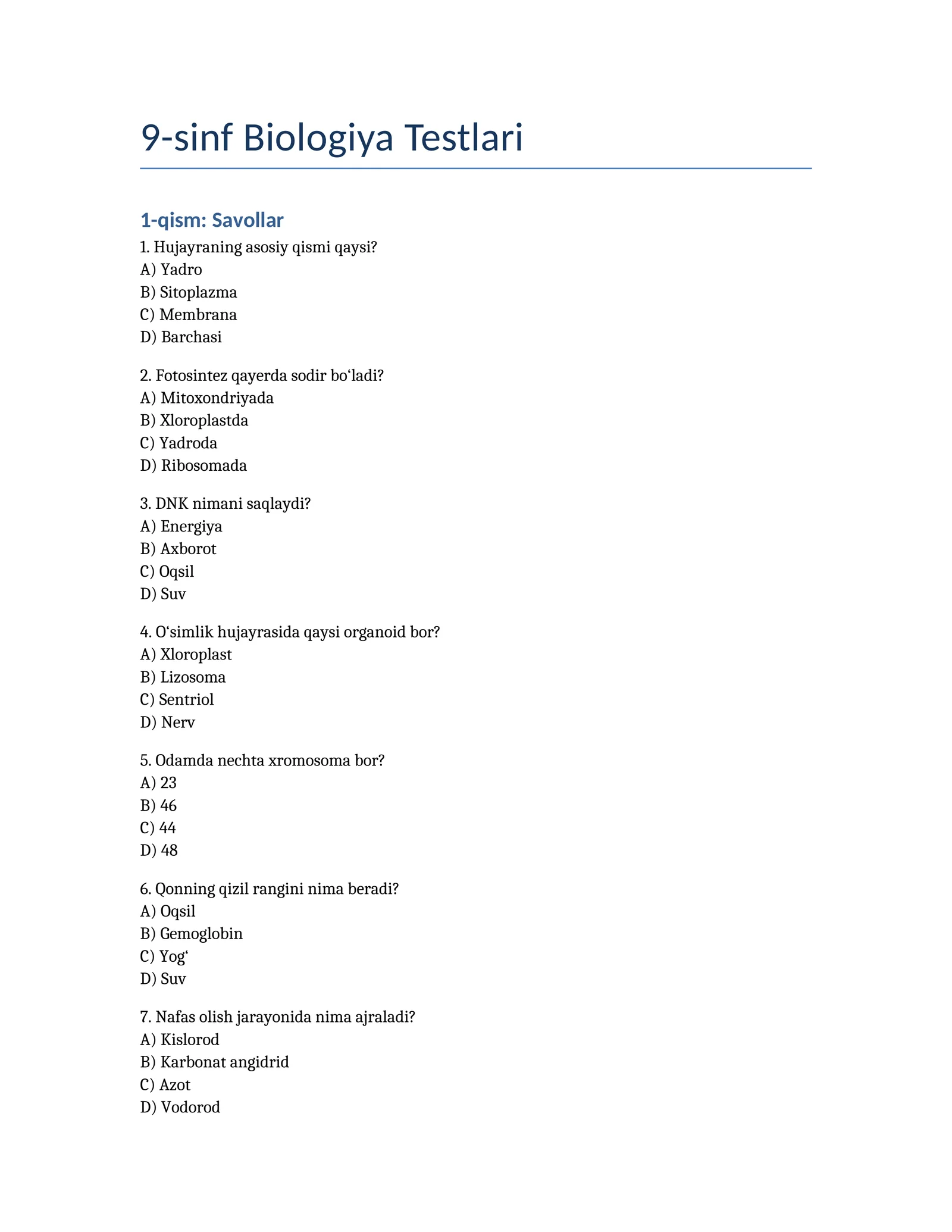 9-sinf Biologiya Testlari