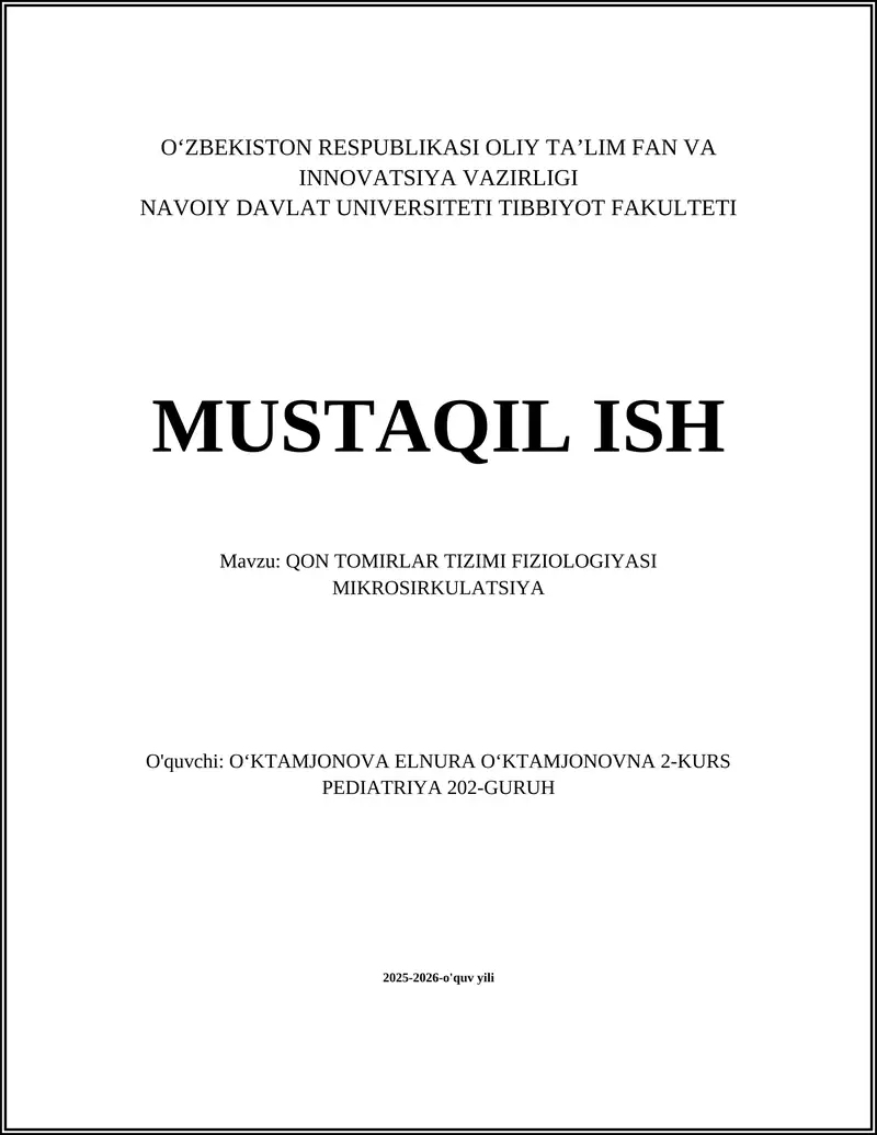 QON TOMIRLAR TIZIMI FIZIOLOGIYASI MIKROSIRKULATSIYA