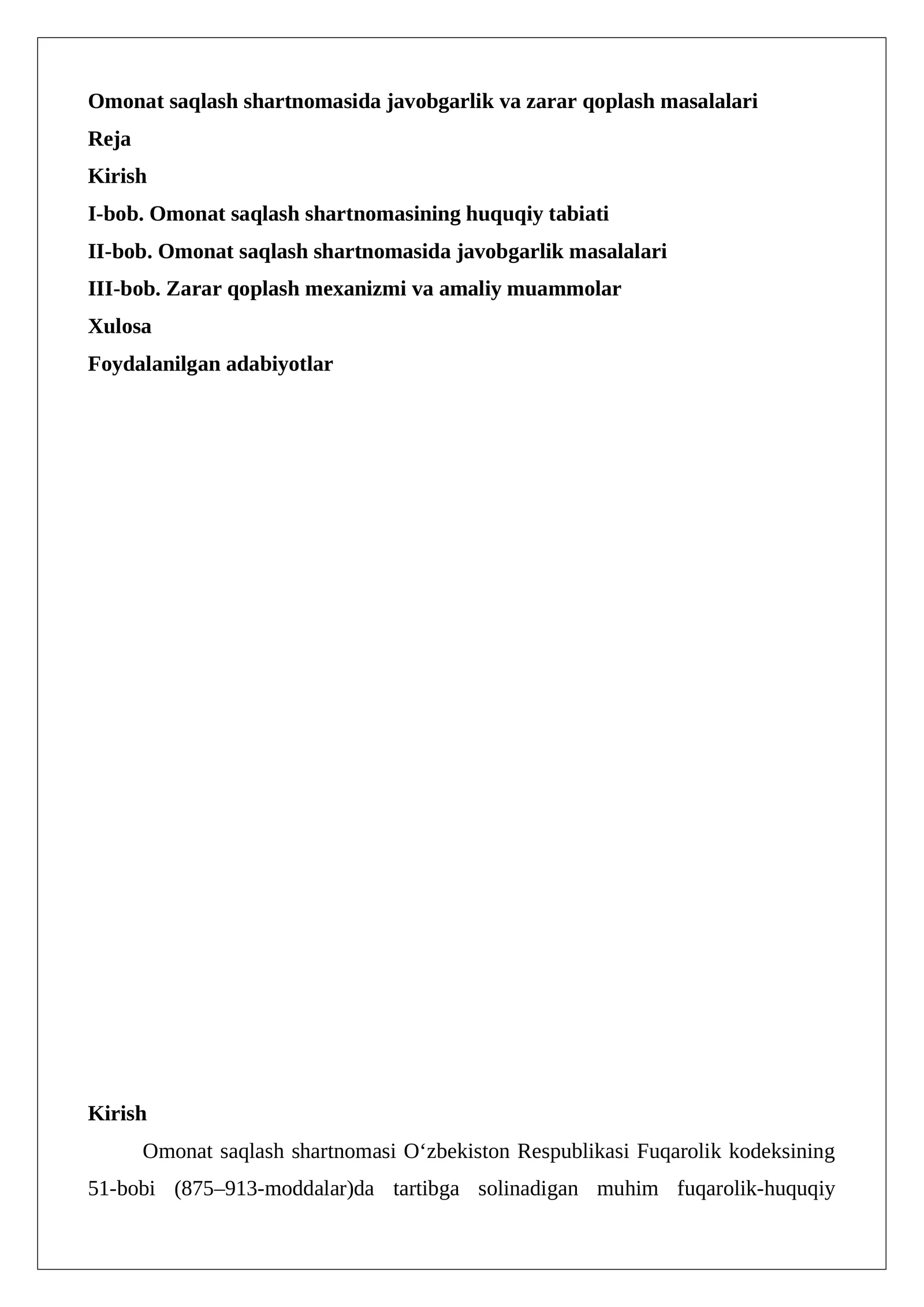 Omonat saqlash shartnomasida javobgarlik va zarar qoplash masalalari