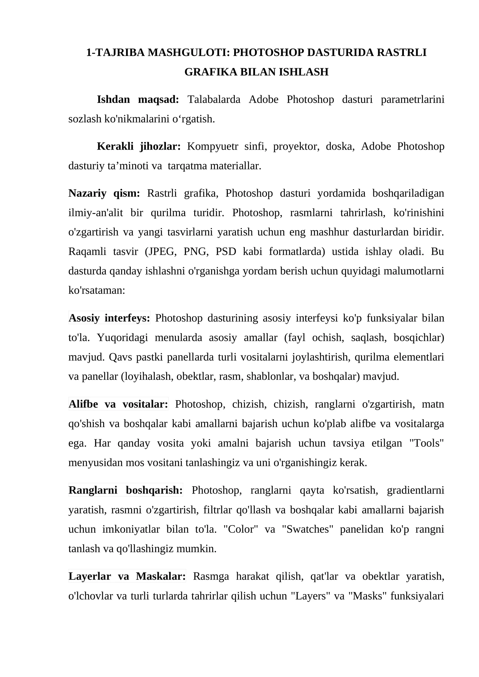 TAJRIBA MASHGULOTI: PHOTOSHOP DASTURIDA RASTRLI GRAFIKA BILAN ISHLASH